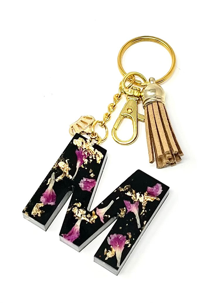 Alphabet Keyring in Black with Gold Flake