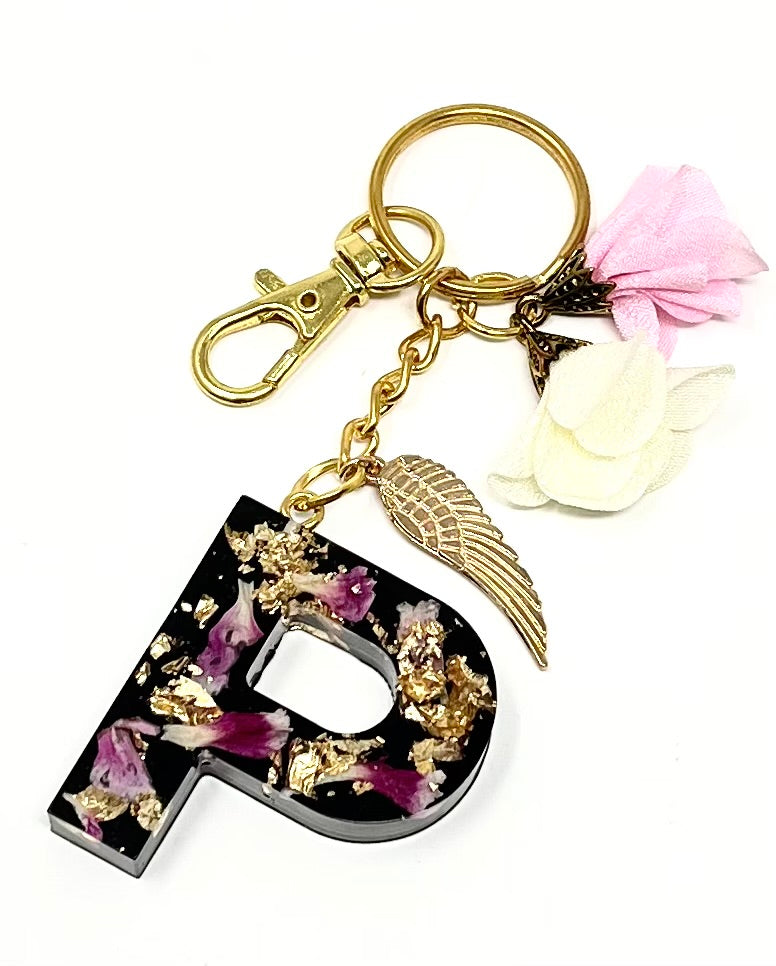 Alphabet Keyring in Black with Gold Flake