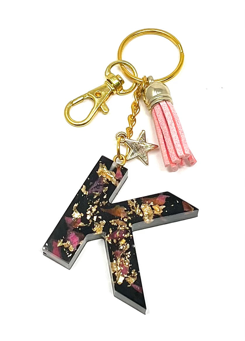 Alphabet Keyring in Black with Gold Flake