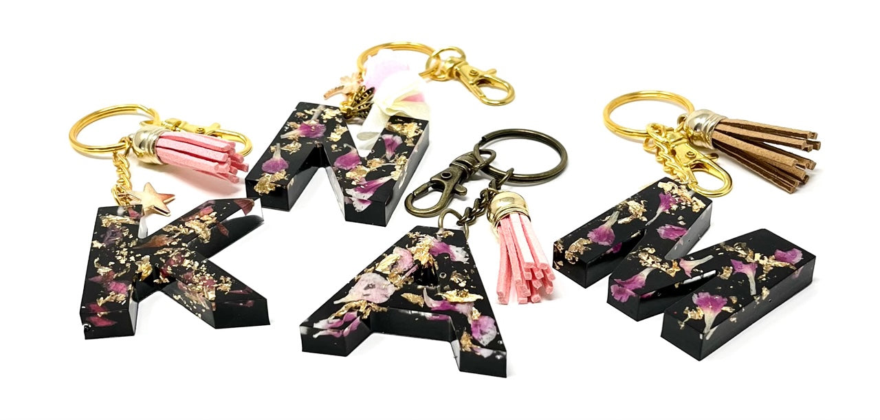 Alphabet Keyring in Black with Gold Flake