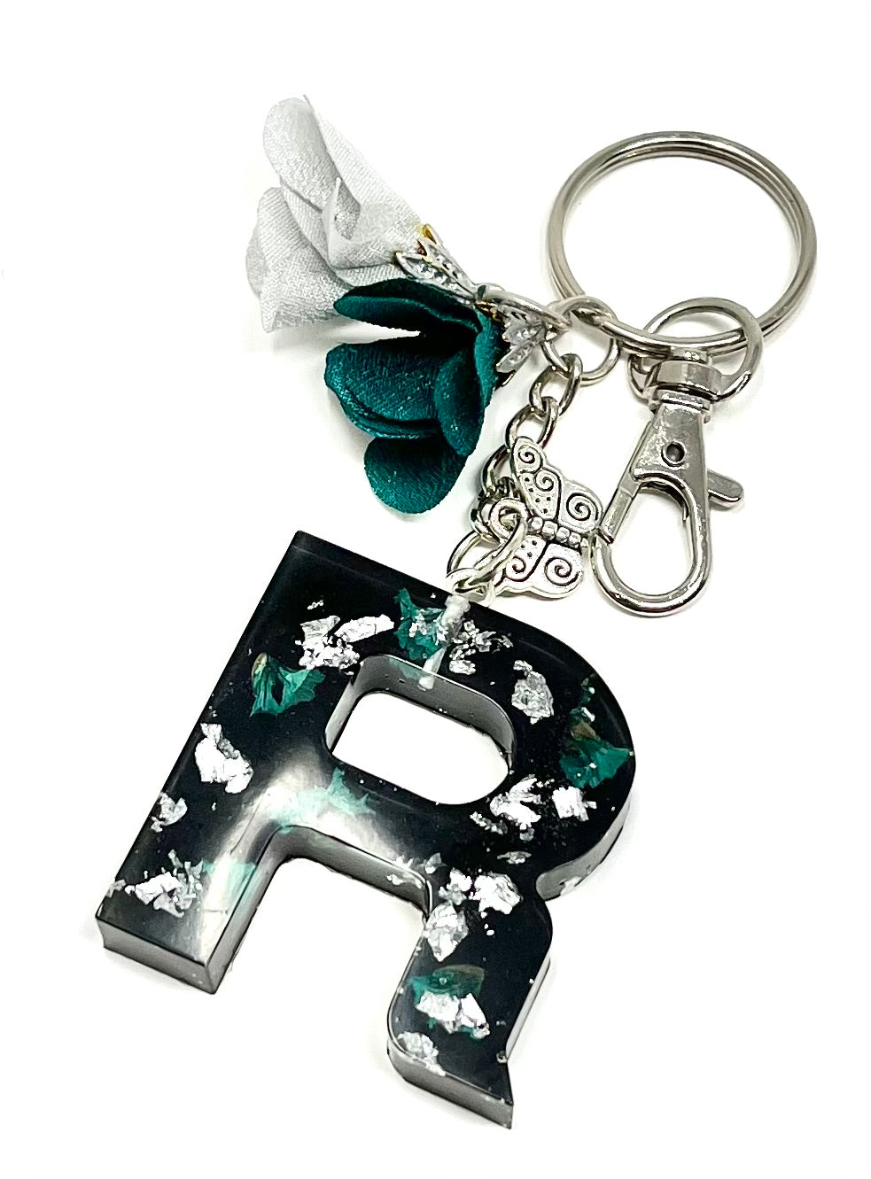 Alphabet Keyring in Black with Silver Flake