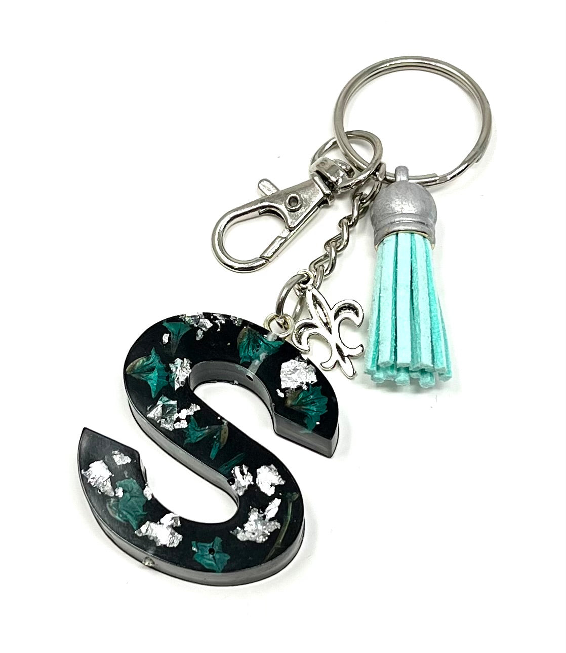 Alphabet Keyring in Black with Silver Flake