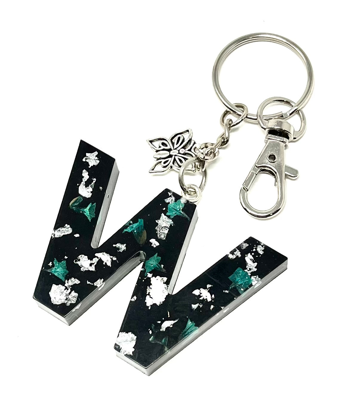 Alphabet Keyring in Black with Silver Flake
