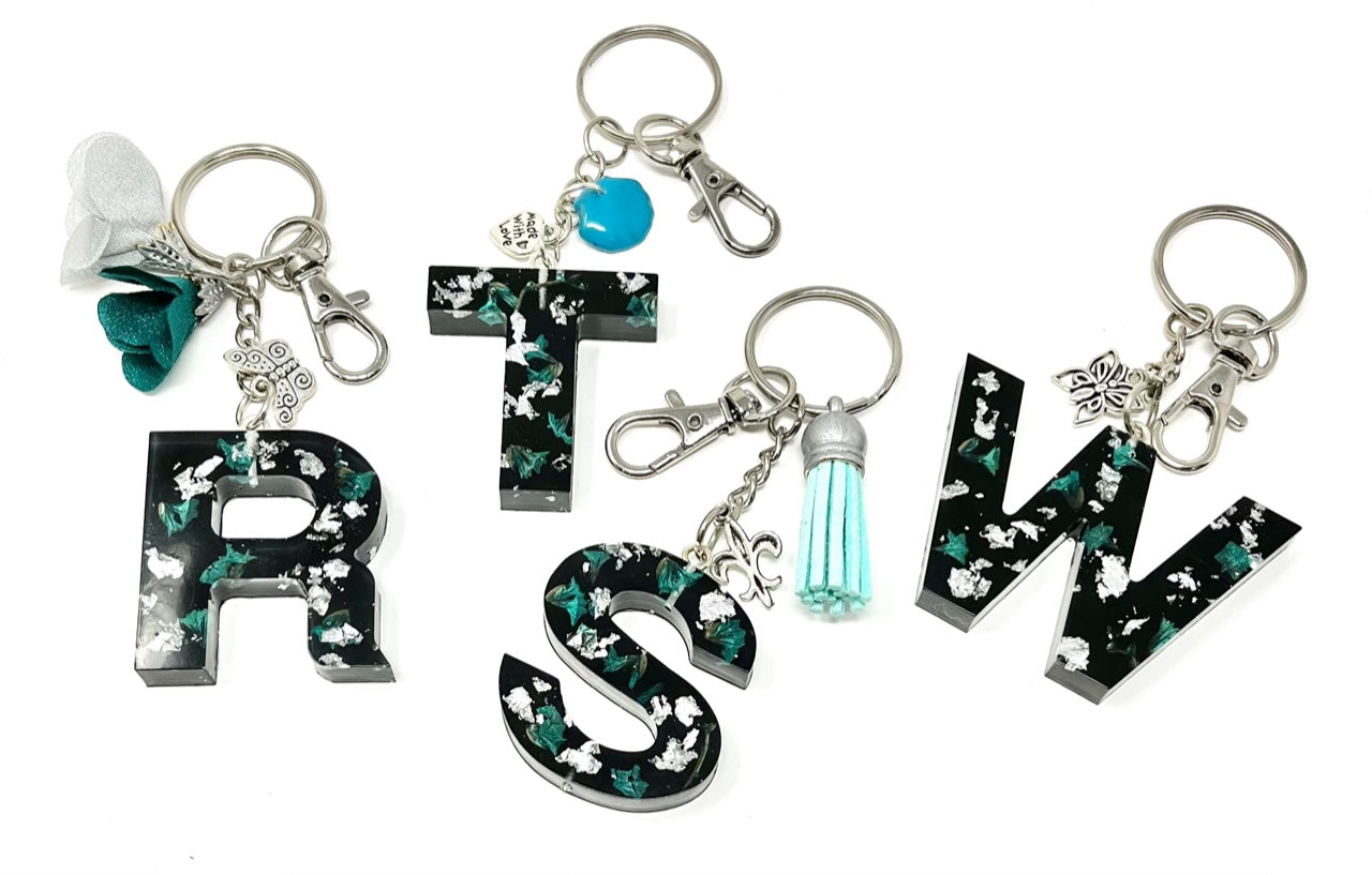 Alphabet Keyring in Black with Silver Flake