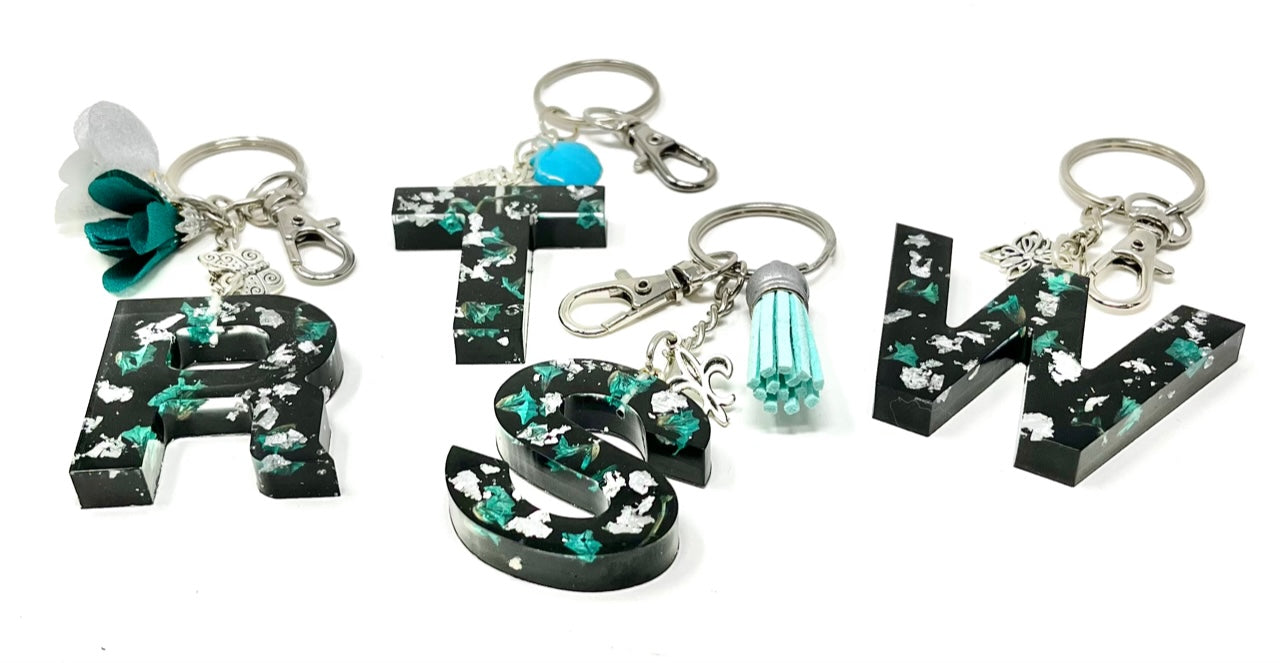 Alphabet Keyring in Black with Silver Flake