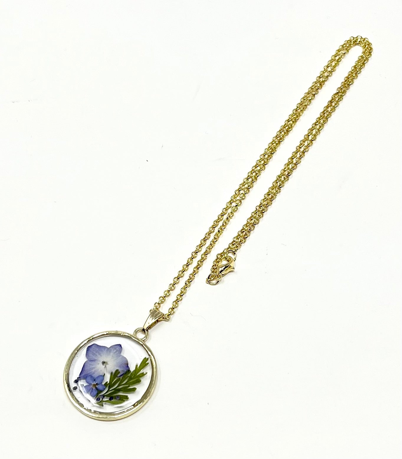 Hand Pressed Hydrangea and Forget-Me-Knot Necklace