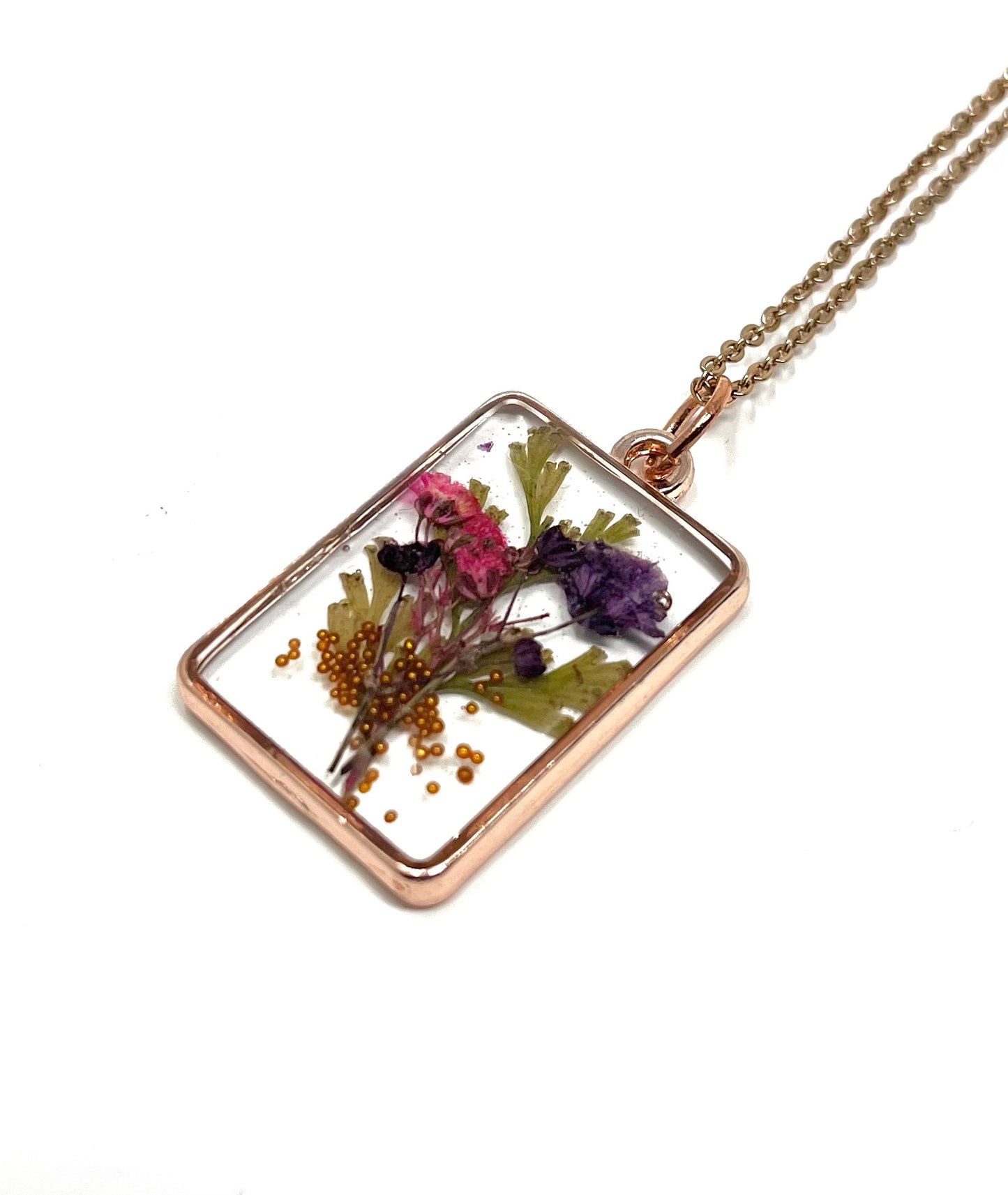 Rose Gold Effect Necklace with Pressed Micro Flowers
