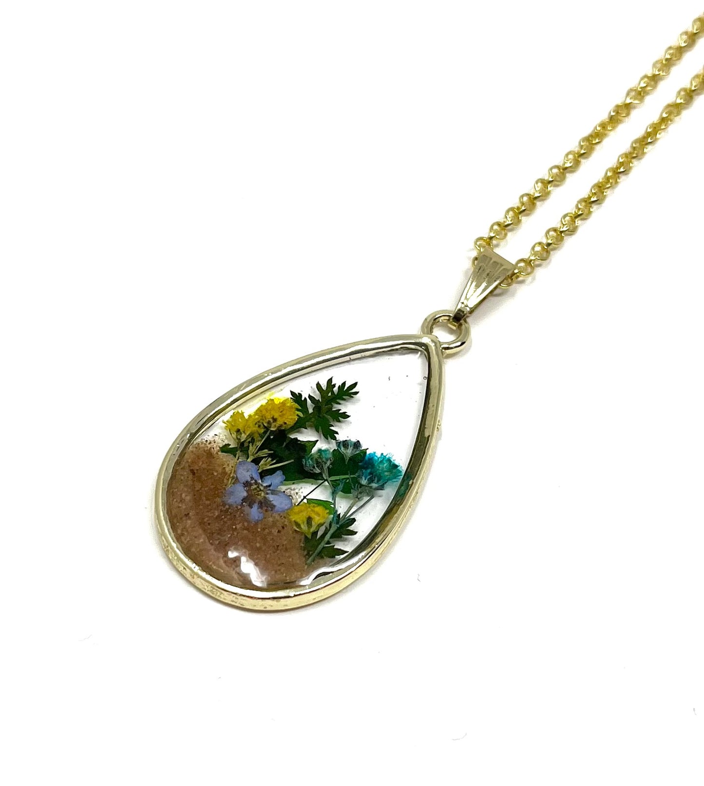 Teardrop Necklace with Pressed Micro Flower Arrangement