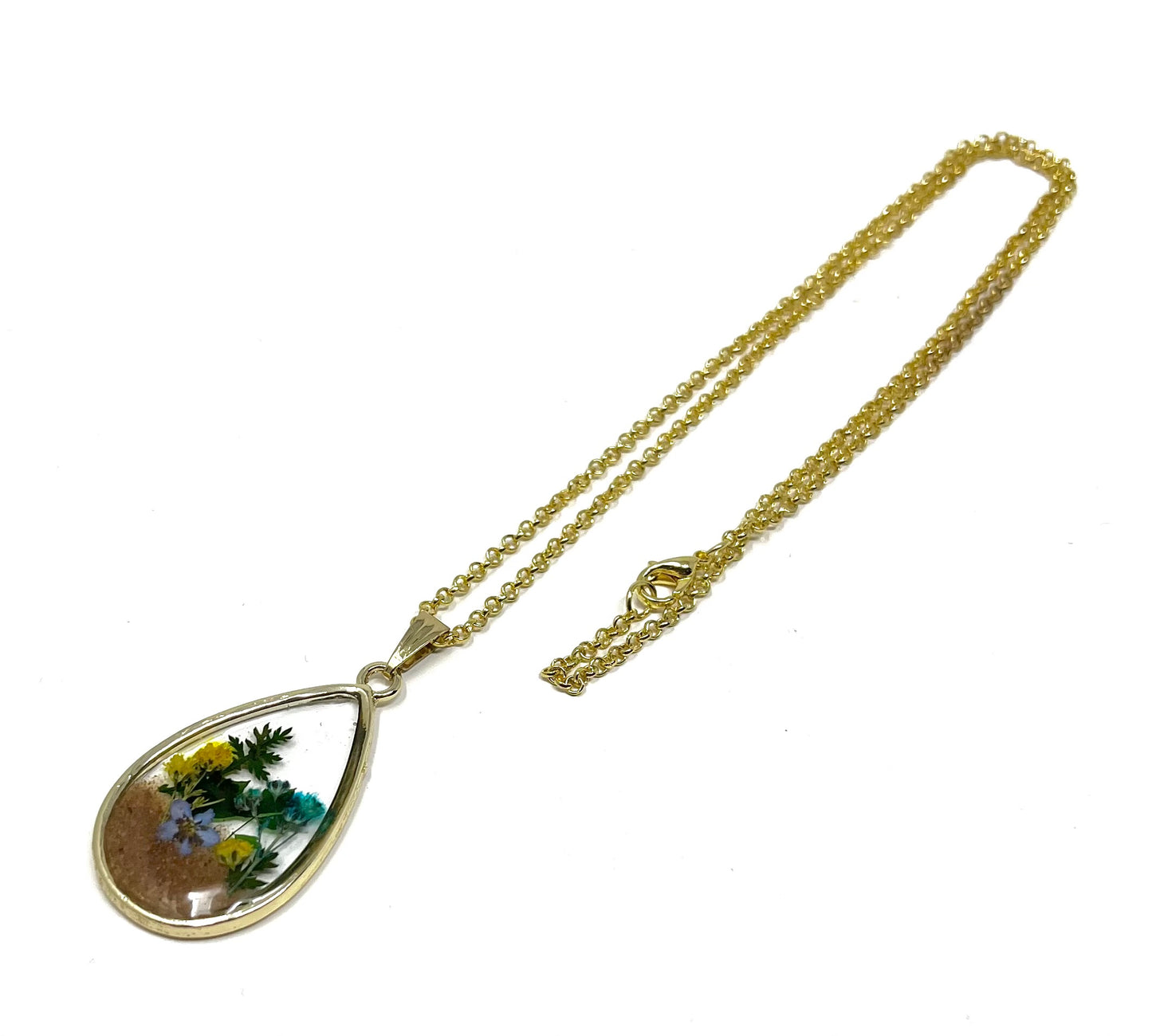 Teardrop Necklace with Pressed Micro Flower Arrangement