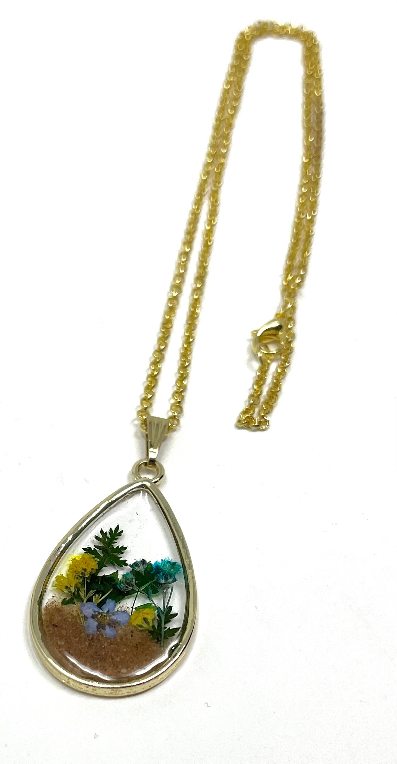 Teardrop Necklace with Pressed Micro Flower Arrangement