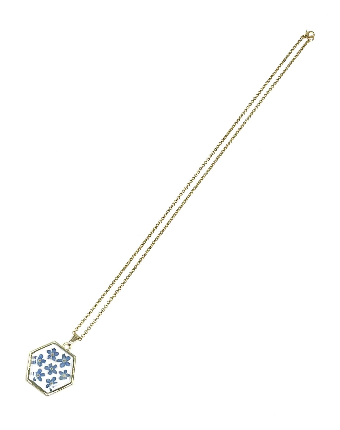 Hexagonal Necklace with 7 Hand Pressed Forget-Me-Knots