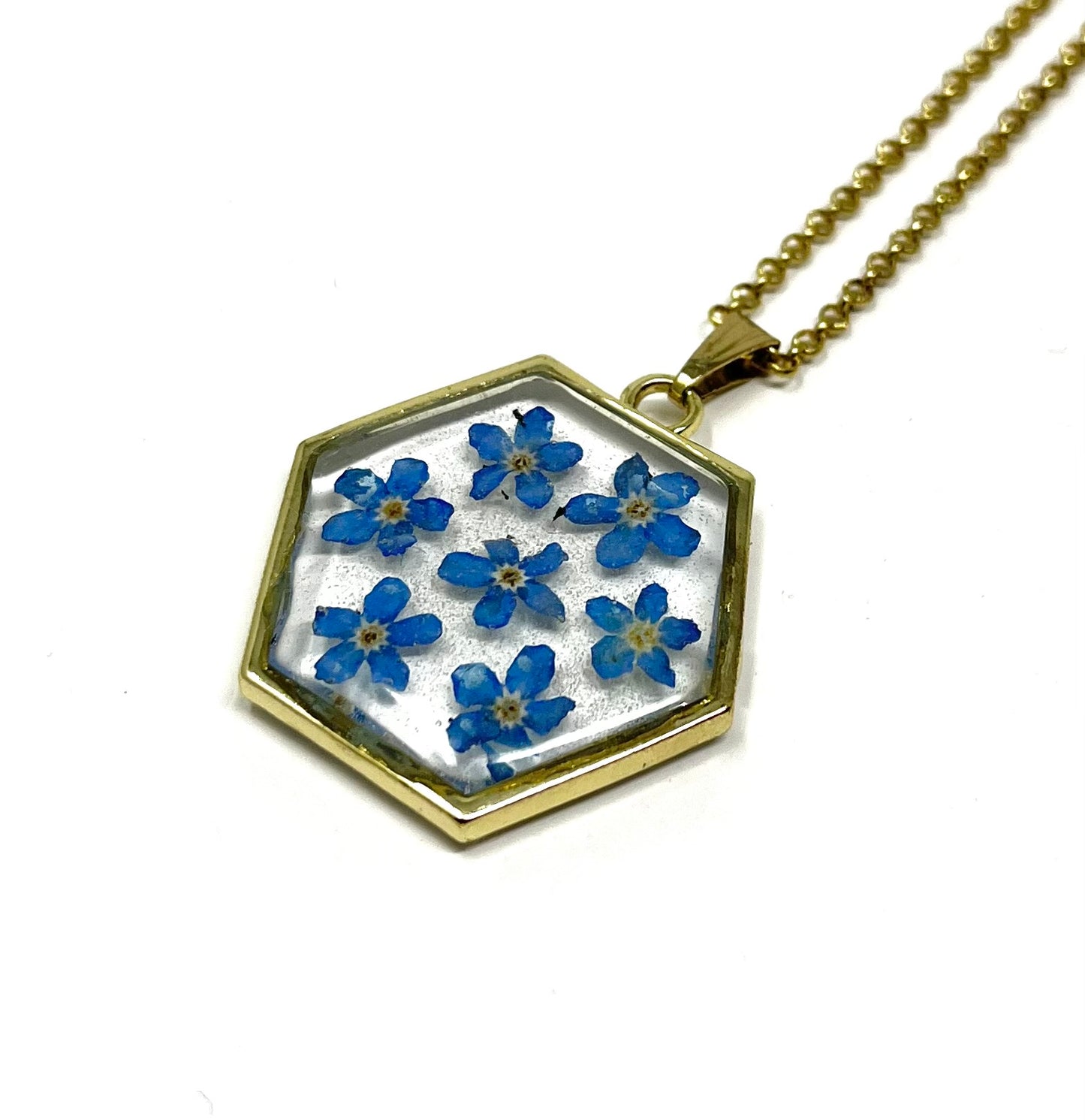 Hexagonal Necklace with 7 Hand Pressed Forget-Me-Knots