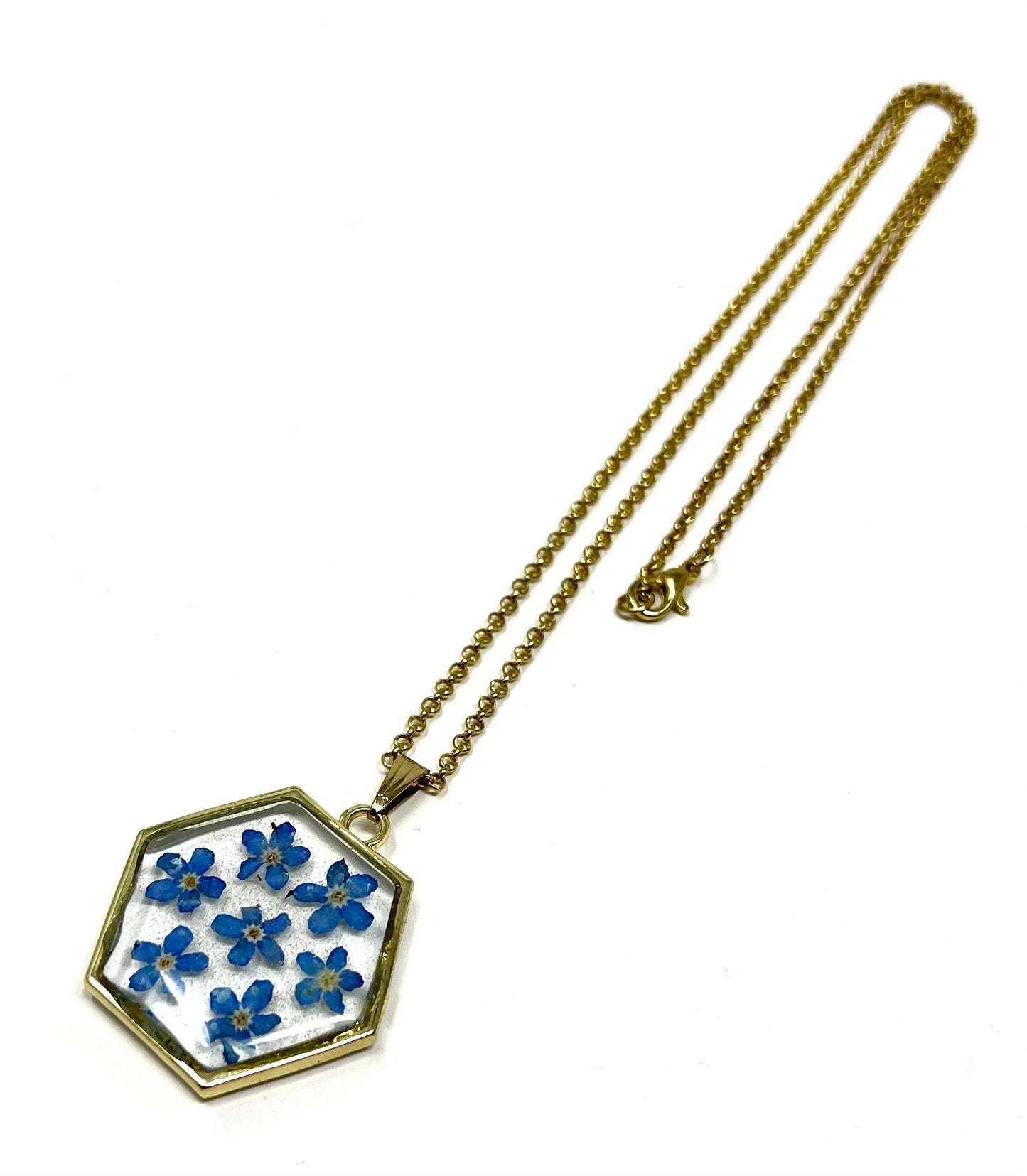 Hexagonal Necklace with 7 Hand Pressed Forget-Me-Knots