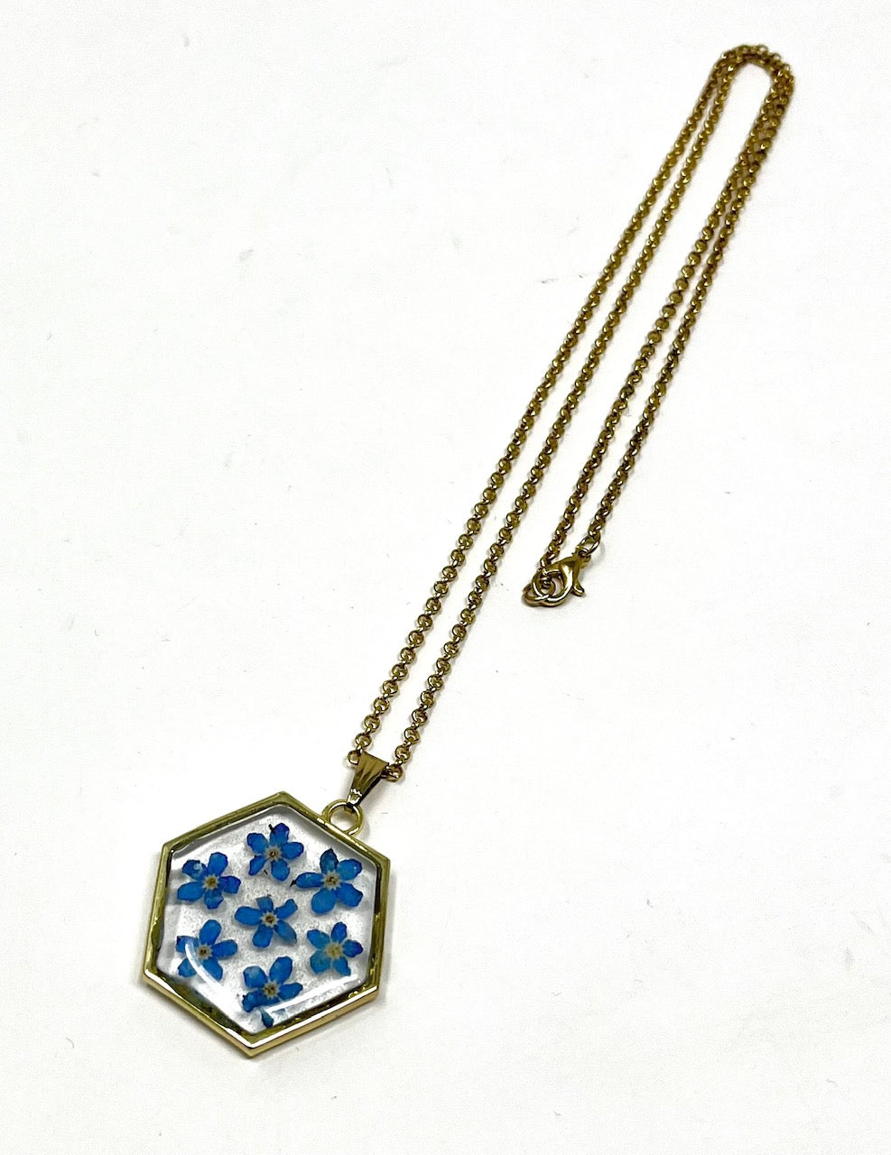 Hexagonal Necklace with 7 Hand Pressed Forget-Me-Knots