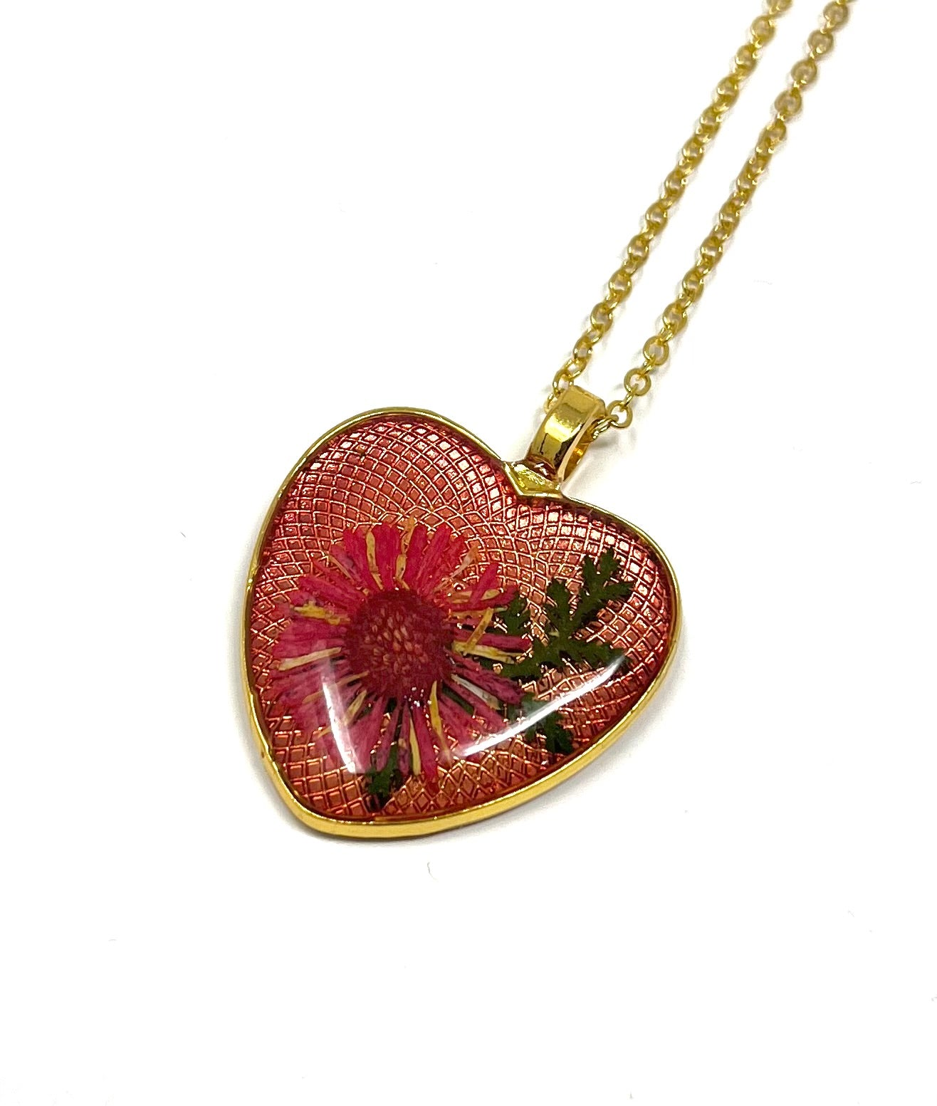 Heart Shaped Pink pendant with pressed flowers