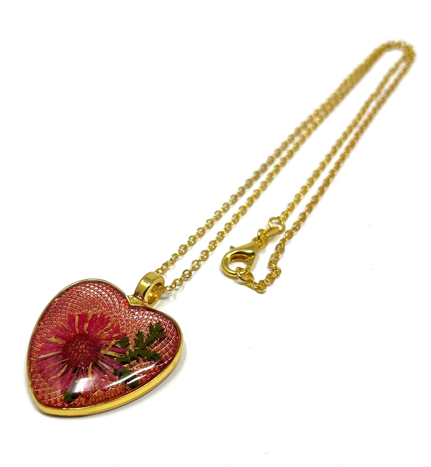 Heart Shaped Pink pendant with pressed flowers
