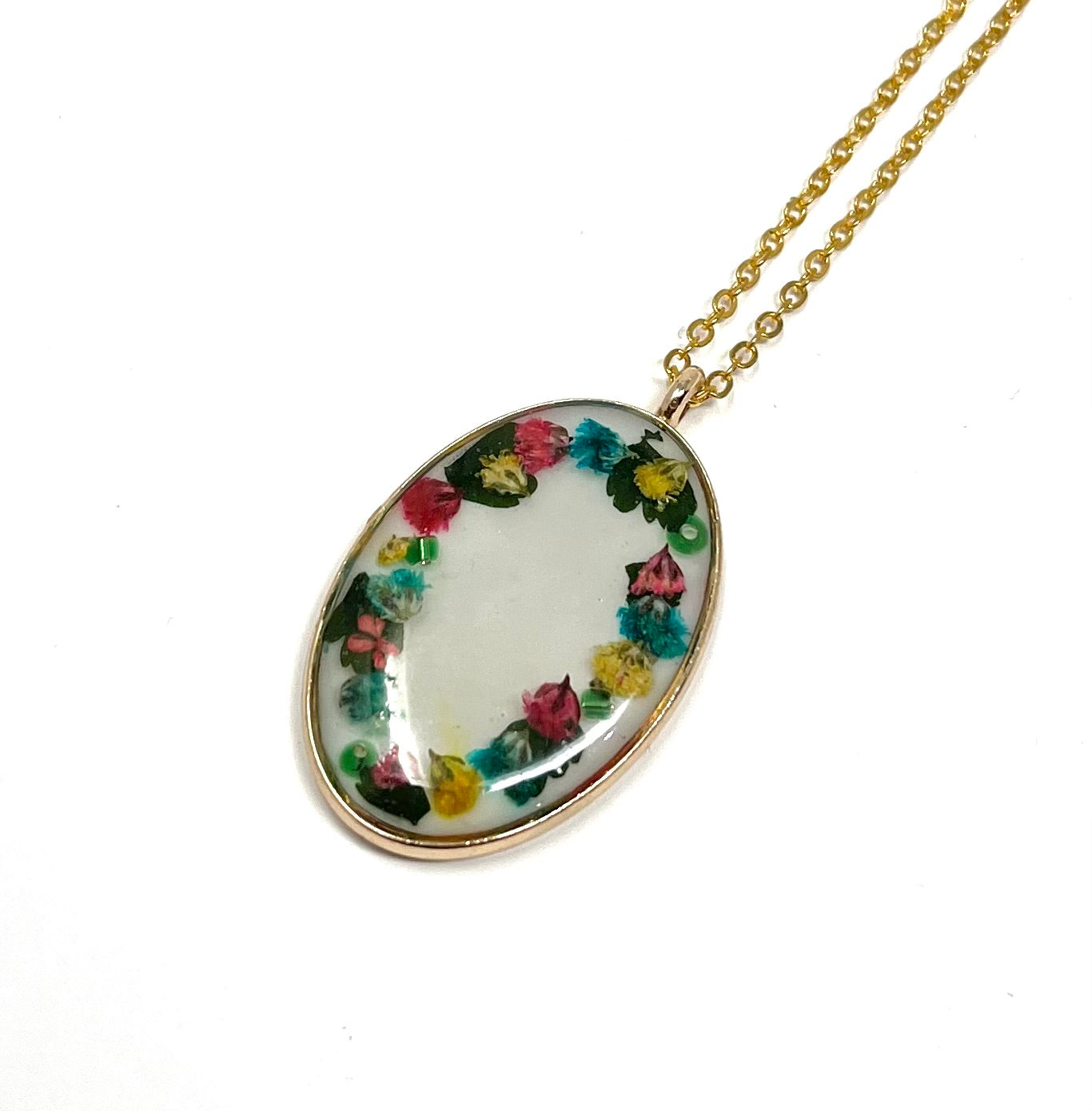 Oval pendant Necklace with Hand Pressed flowers
