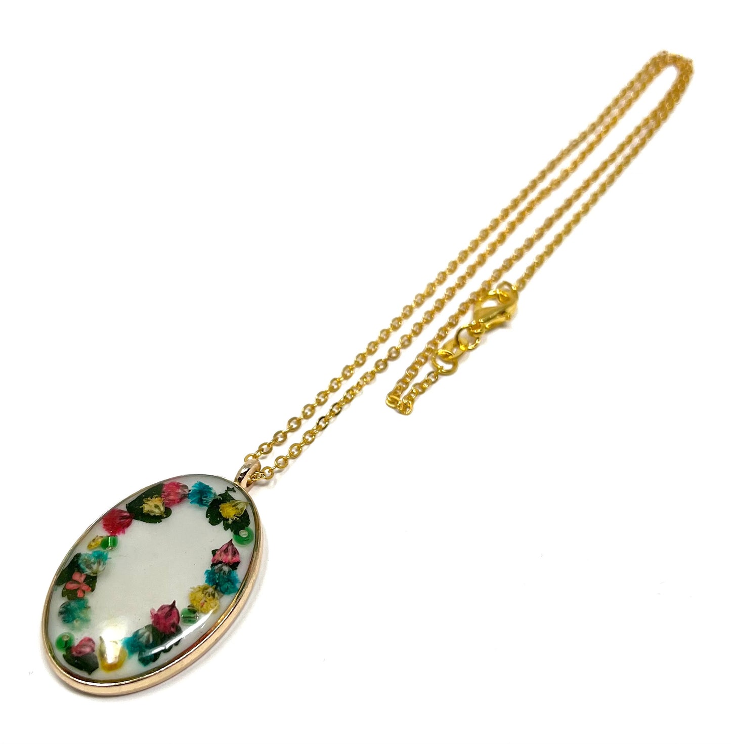 Oval pendant Necklace with Hand Pressed flowers