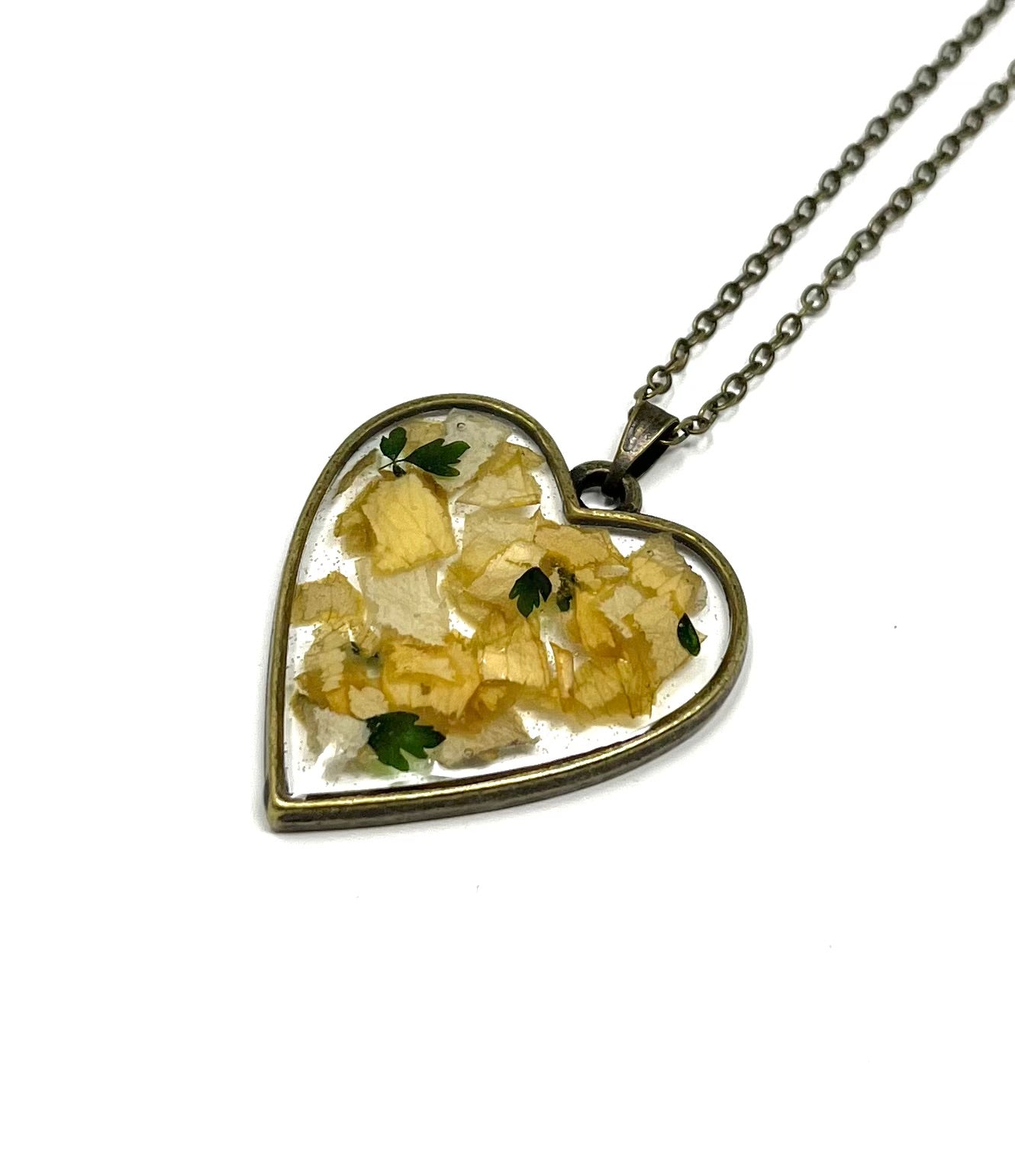 Pressed Rose Petals Heart Shaped Bronze Necklace