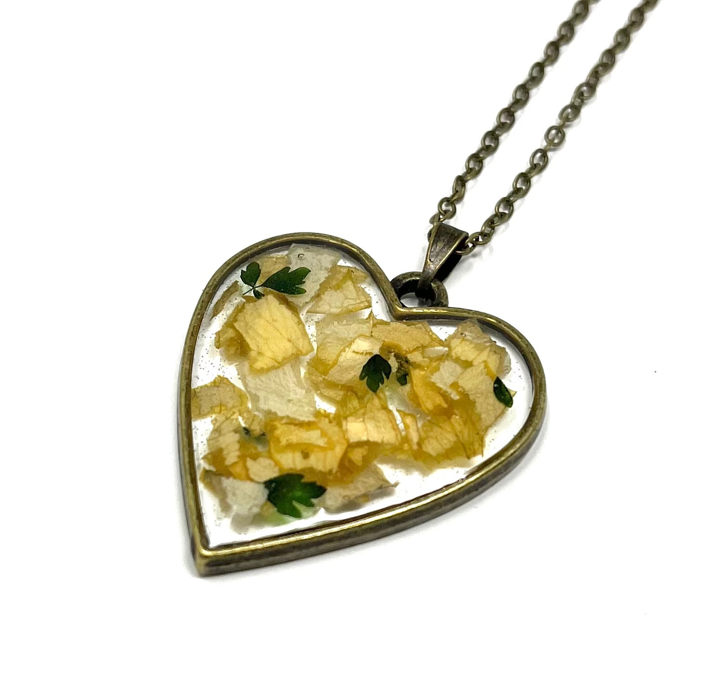 Pressed Rose Petals Heart Shaped Bronze Necklace