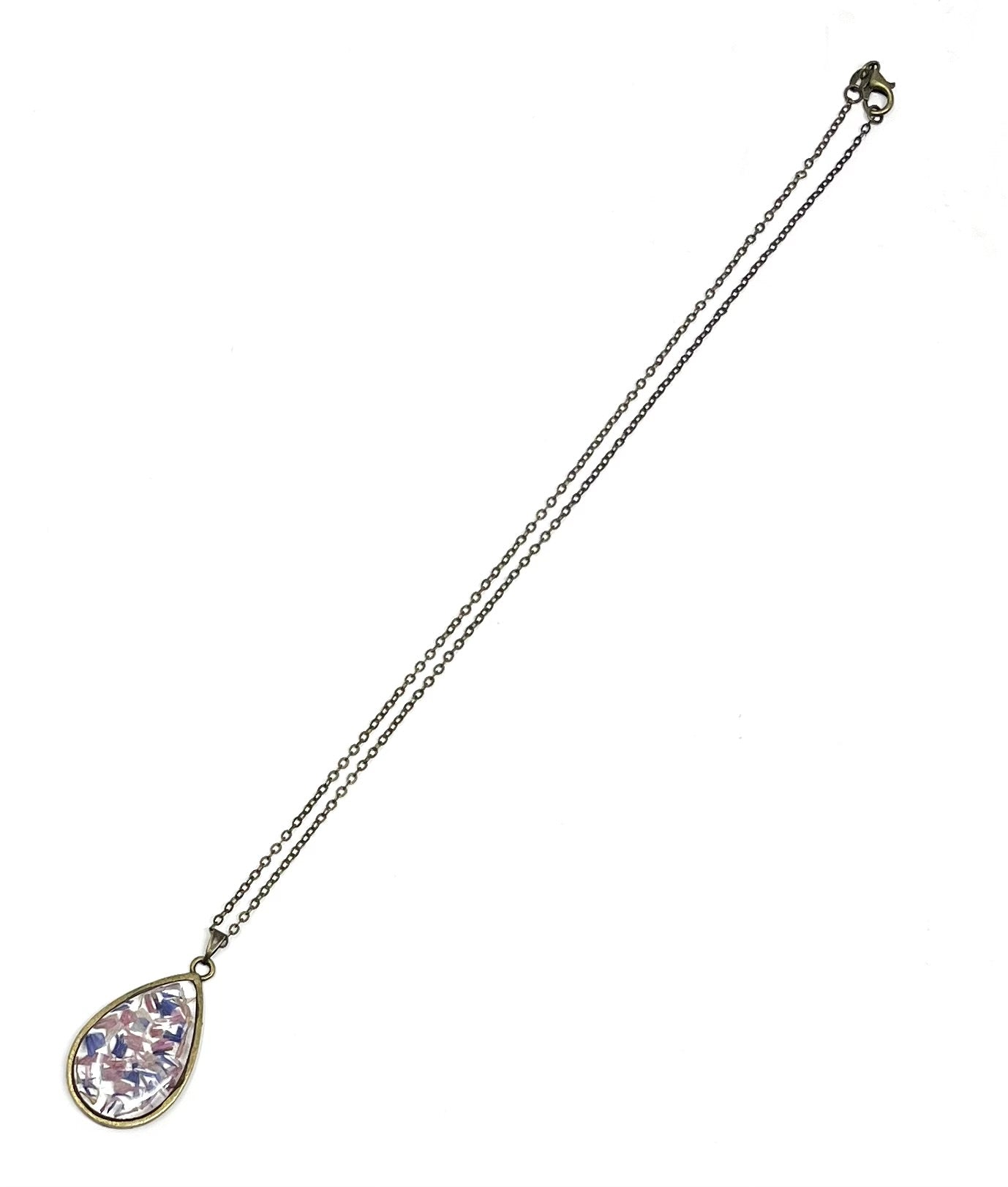 Bronze Teardrop Necklace with pressed wild flower petals