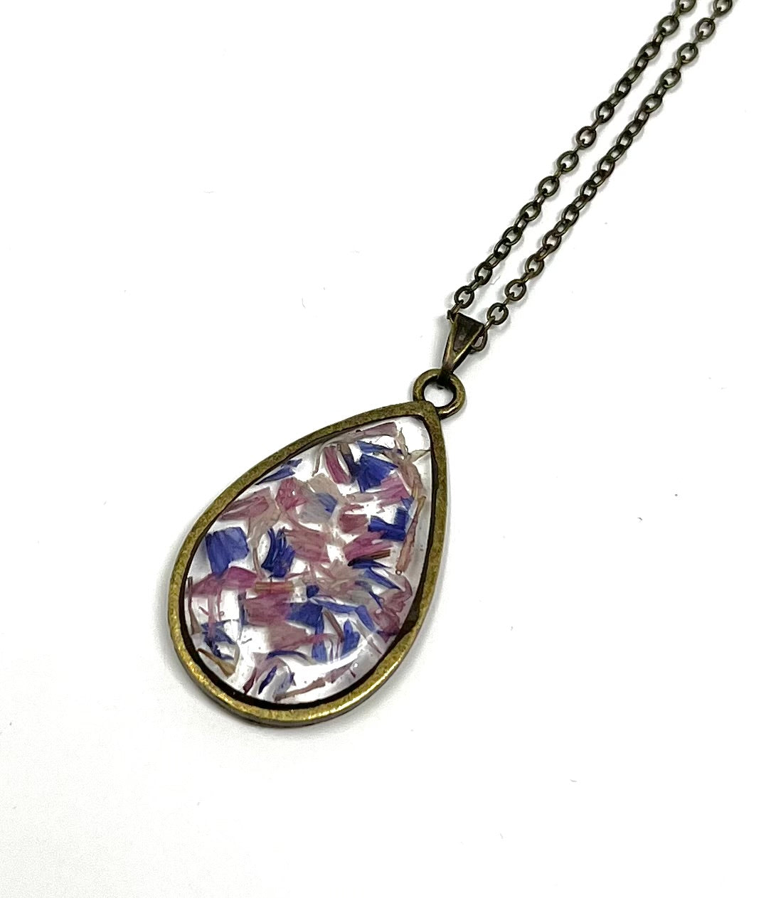 Bronze Teardrop Necklace with pressed wild flower petals