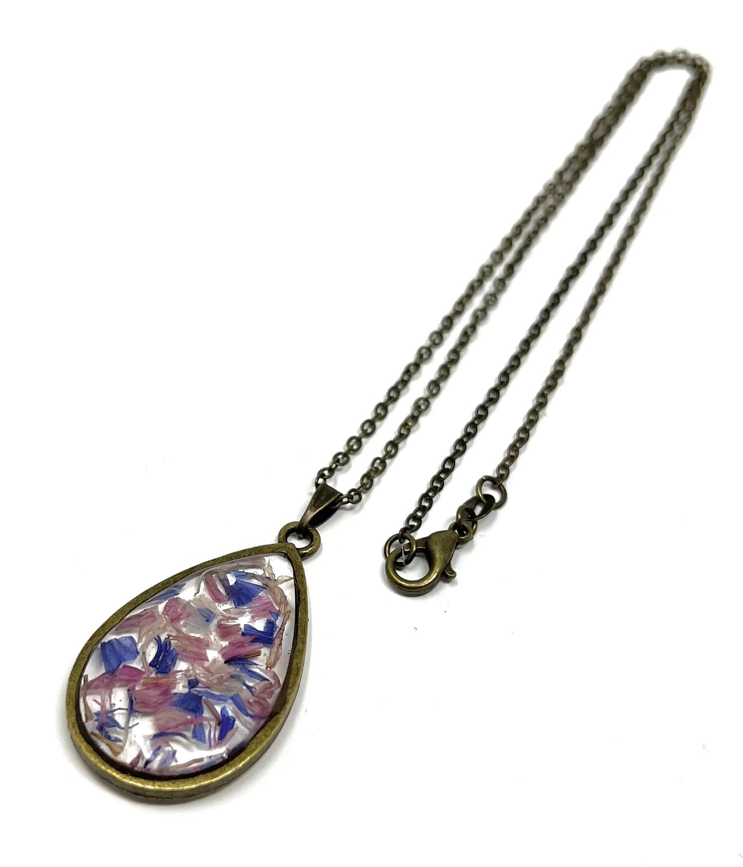 Bronze Teardrop Necklace with pressed wild flower petals