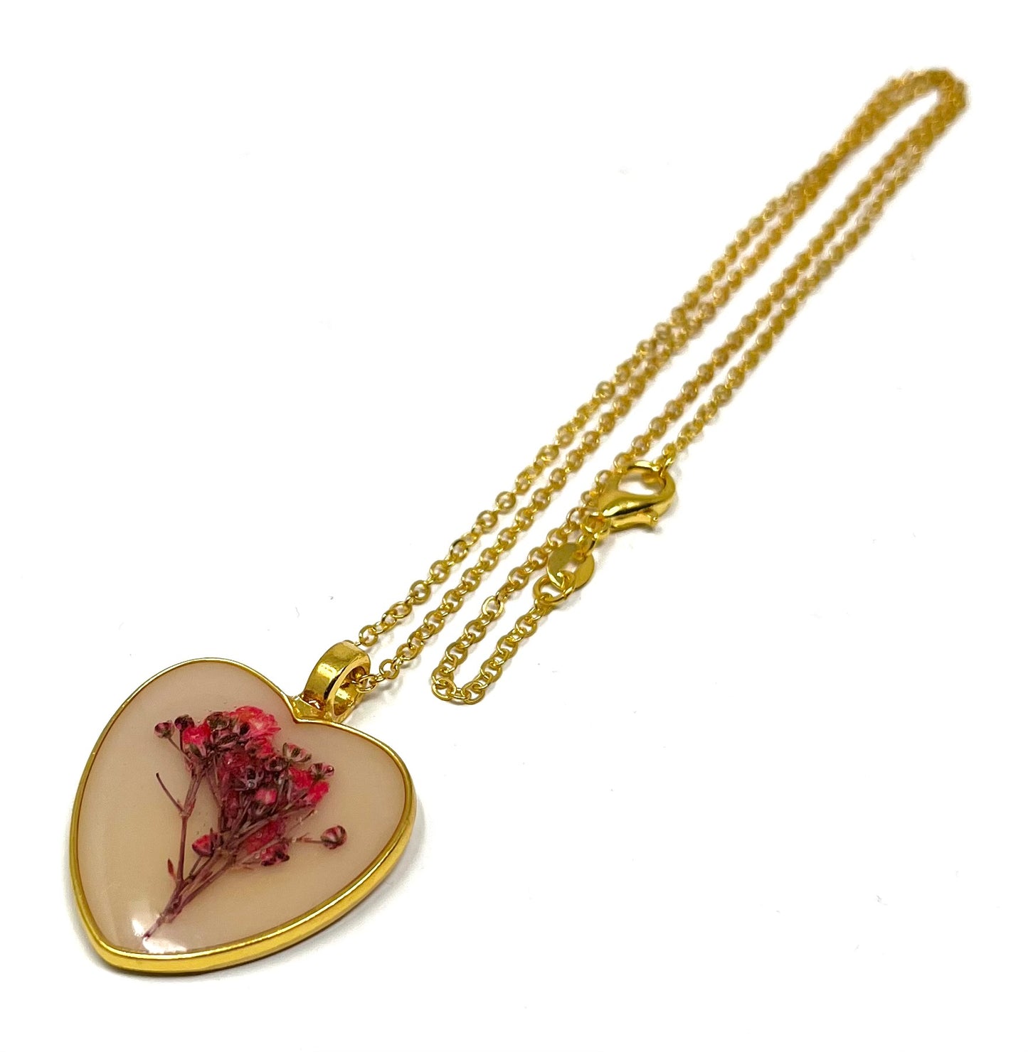 Heart Shaped Necklace with pressed tiny Pink flowers