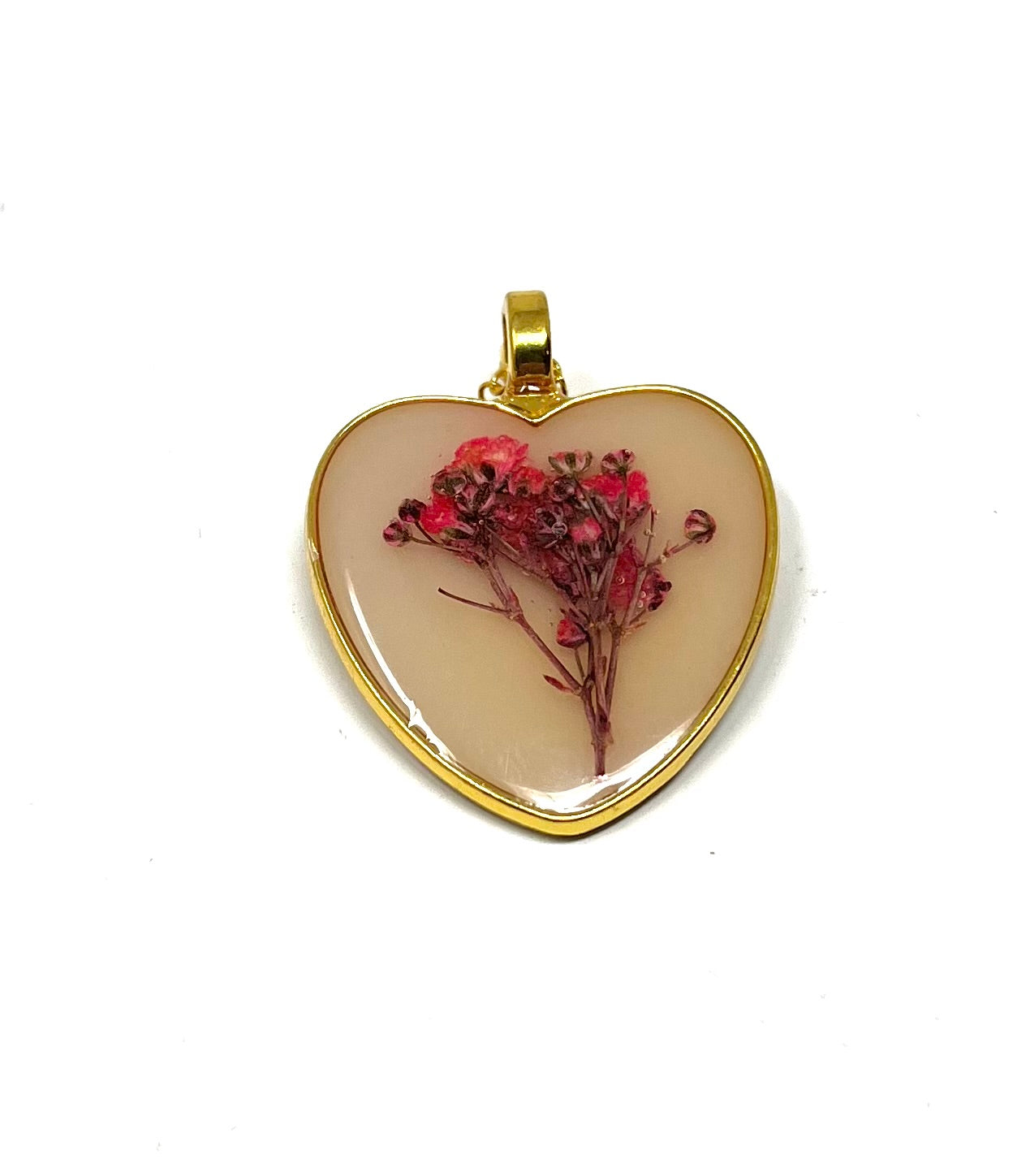 Heart Shaped Necklace with pressed tiny Pink flowers