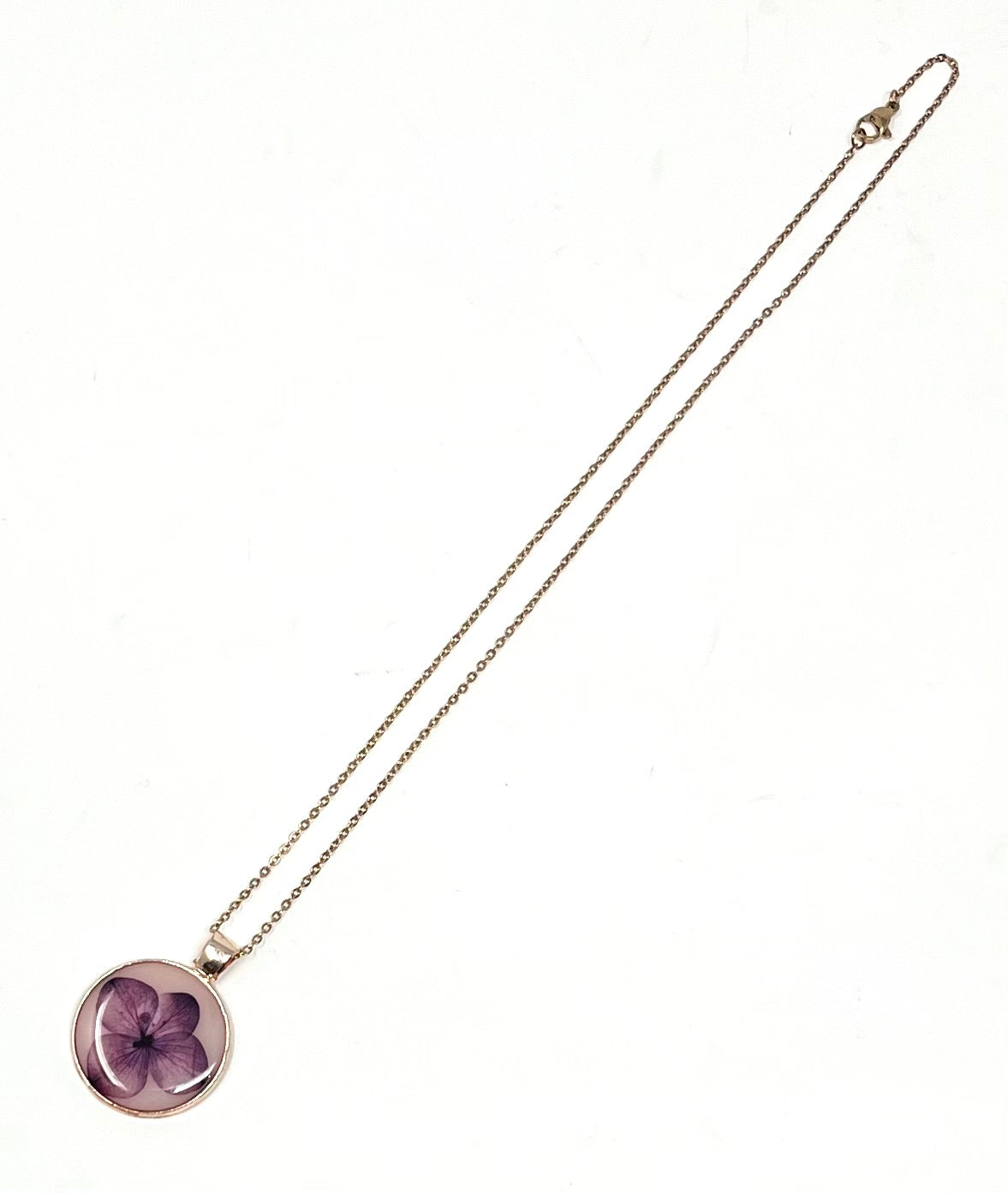 Hand Pressed Purple Hydrangea on a Rose Gold Necklace