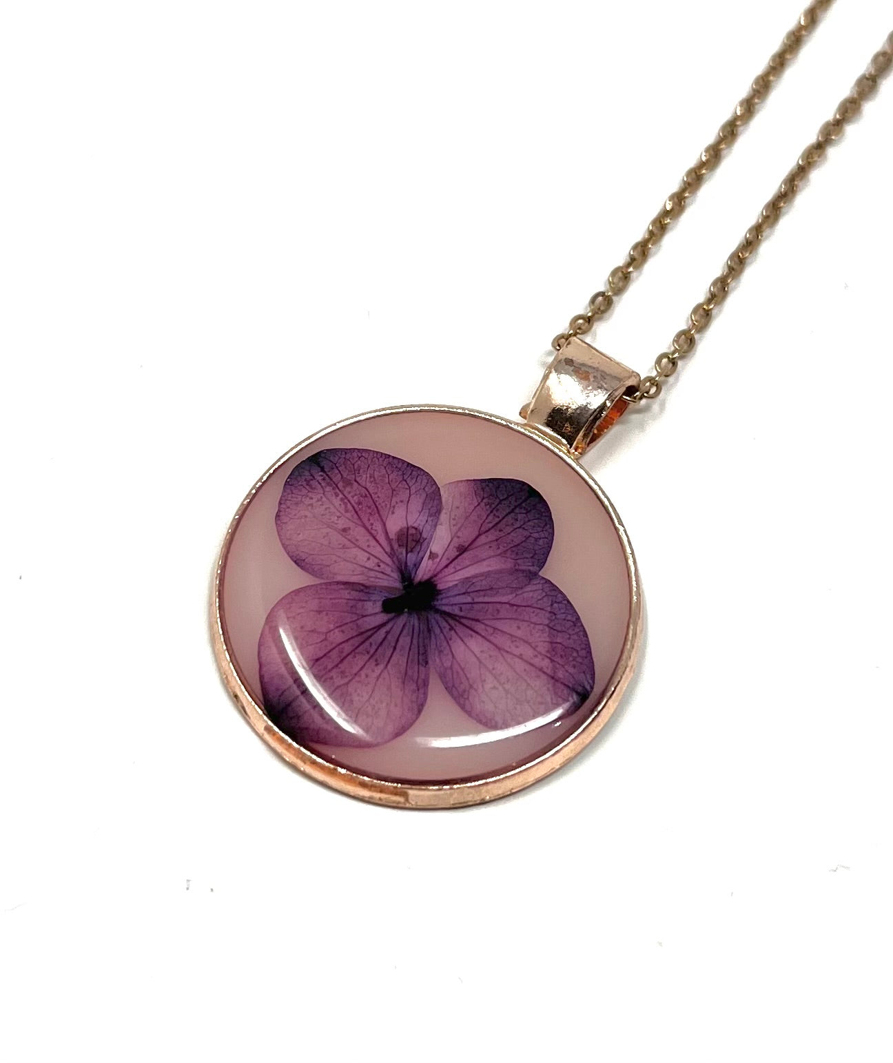 Hand Pressed Purple Hydrangea on a Rose Gold Necklace