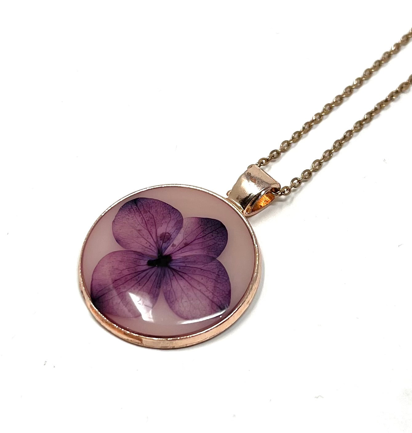 Hand Pressed Purple Hydrangea on a Rose Gold Necklace
