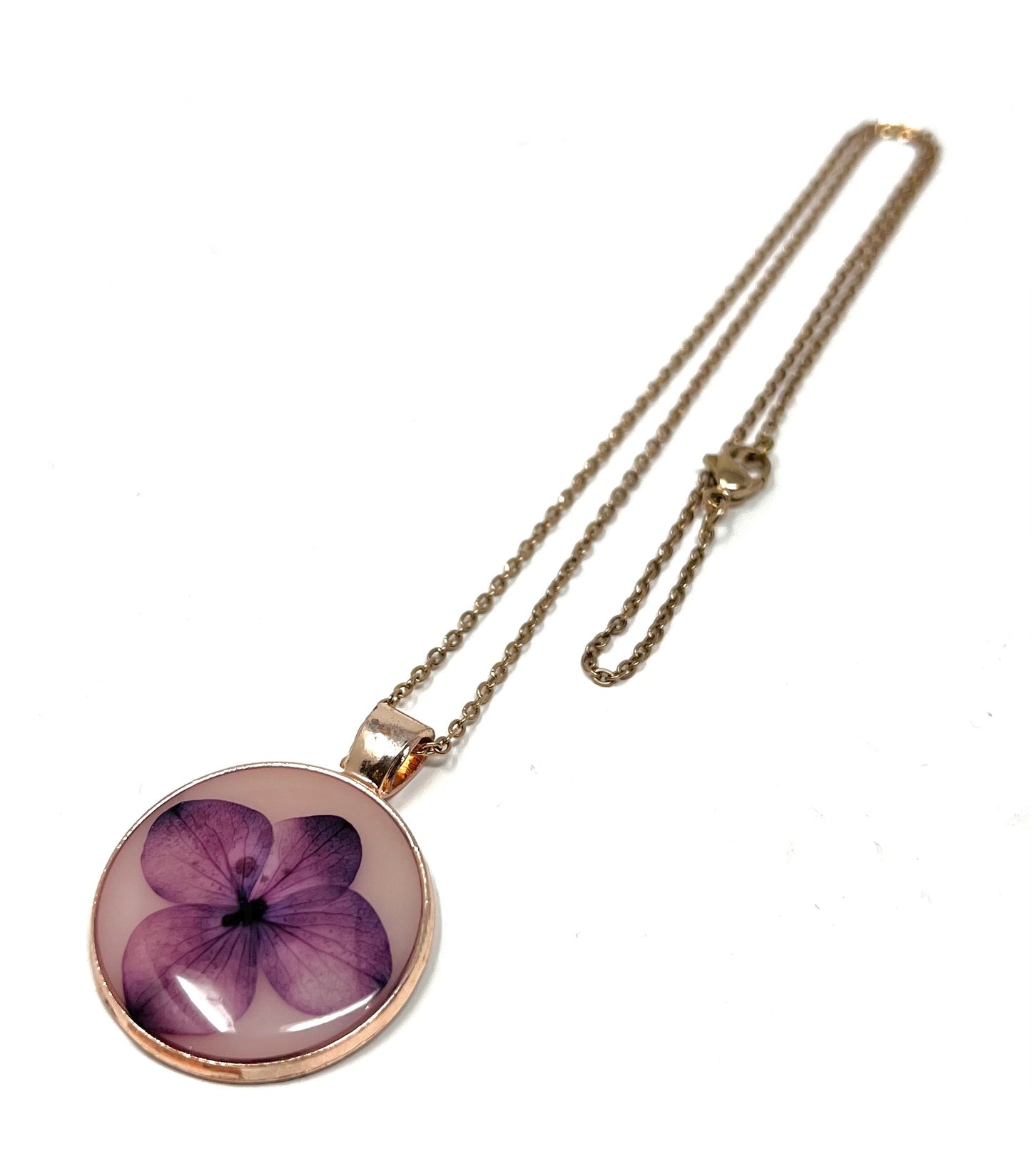 Hand Pressed Purple Hydrangea on a Rose Gold Necklace