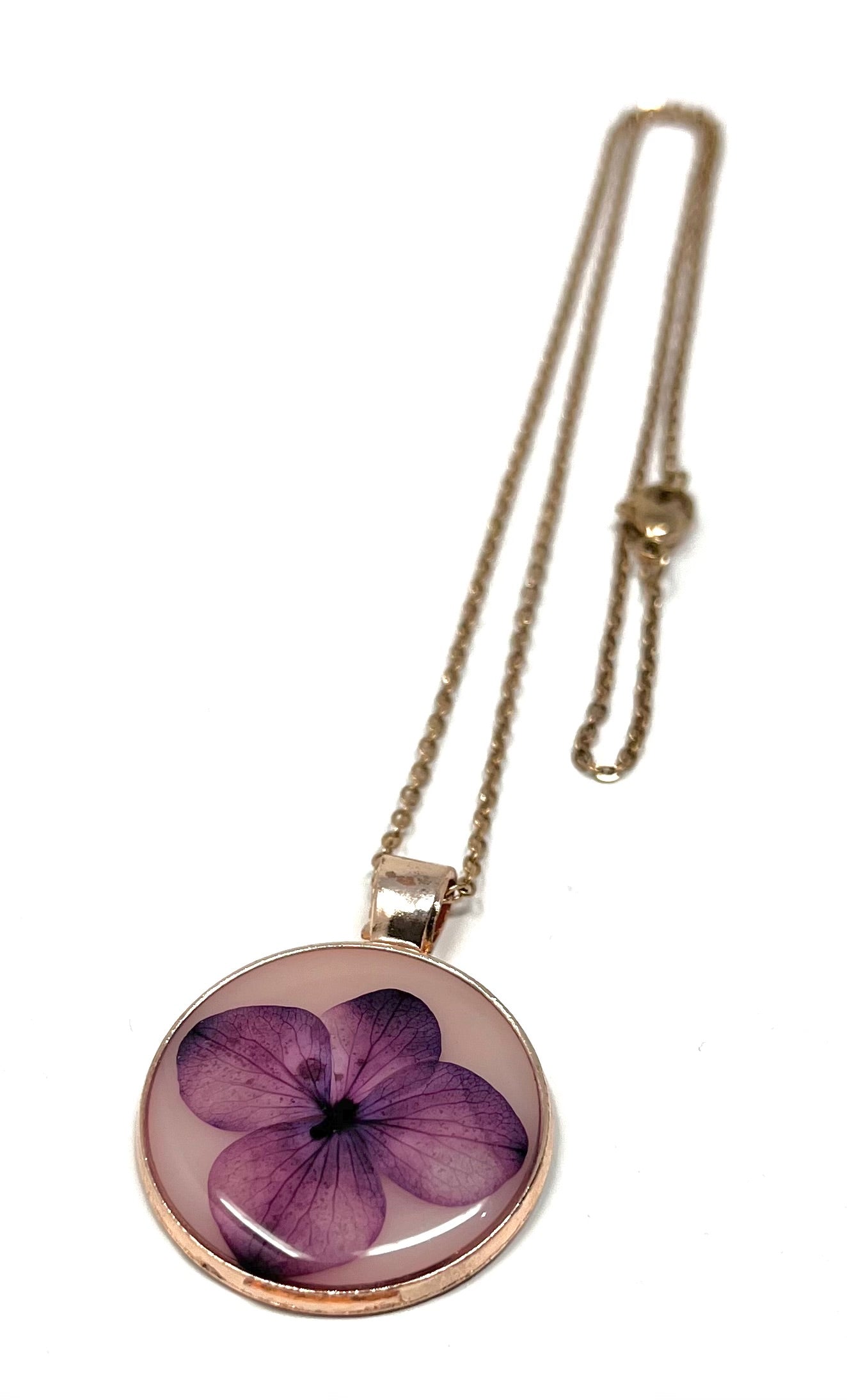 Hand Pressed Purple Hydrangea on a Rose Gold Necklace