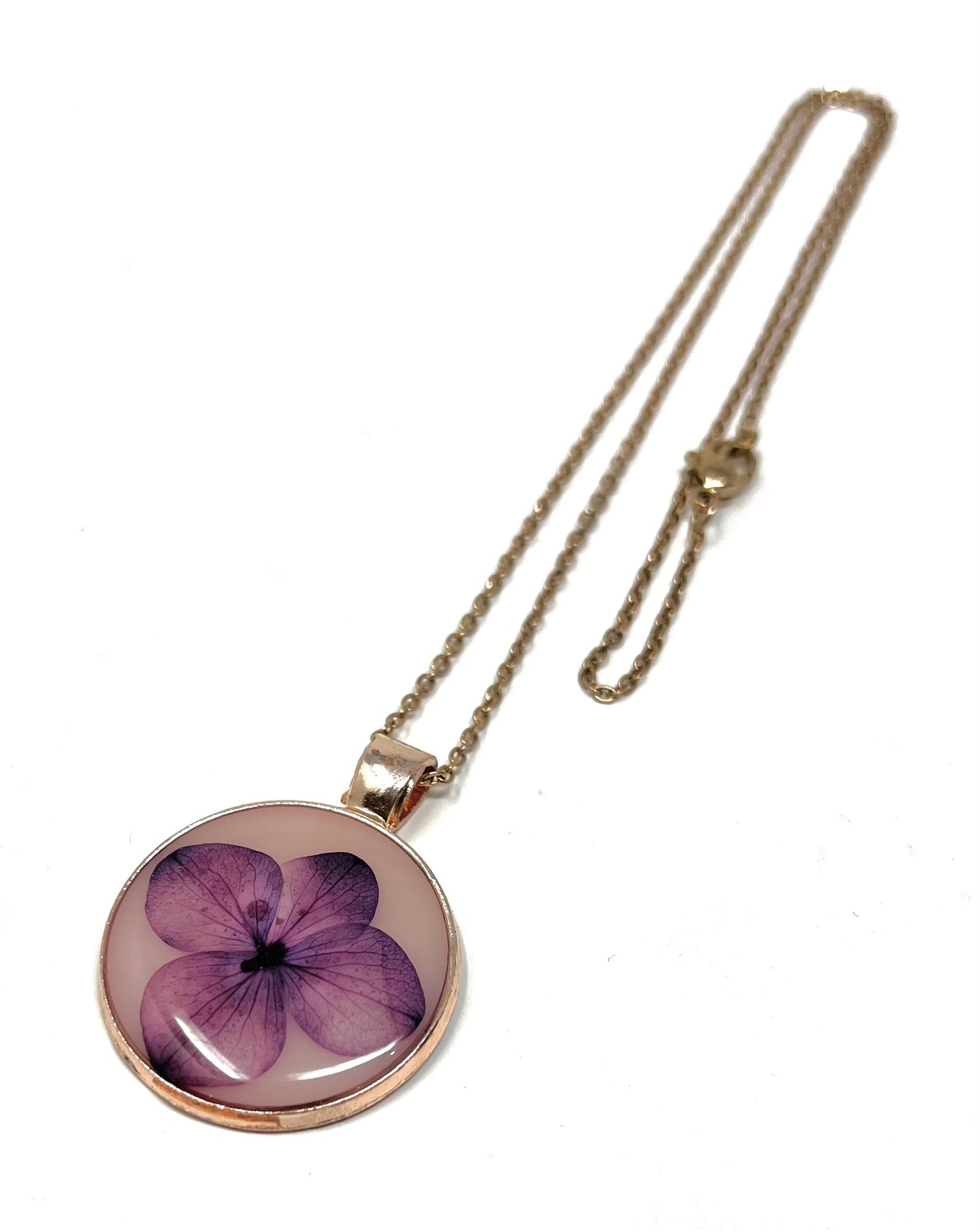 Hand Pressed Purple Hydrangea on a Rose Gold Necklace