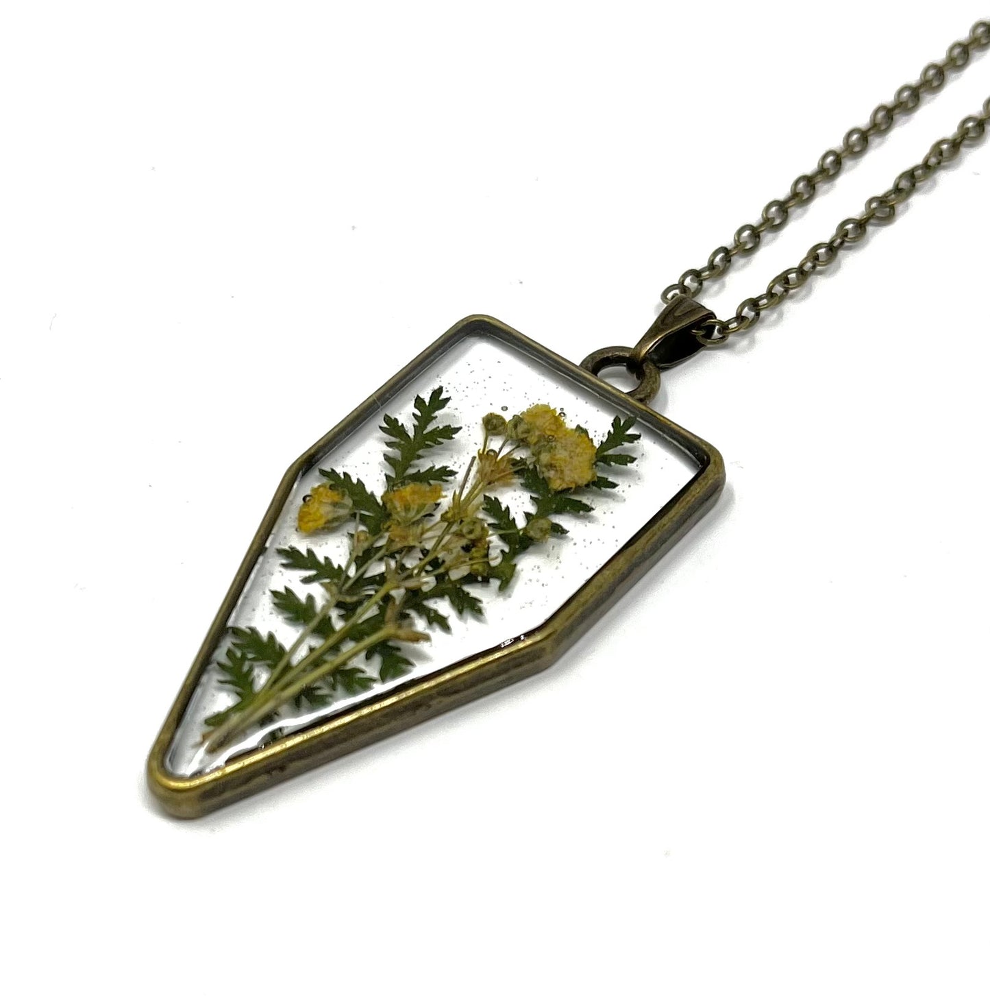Bronze Necklace with Pressed Flowers and Ferns