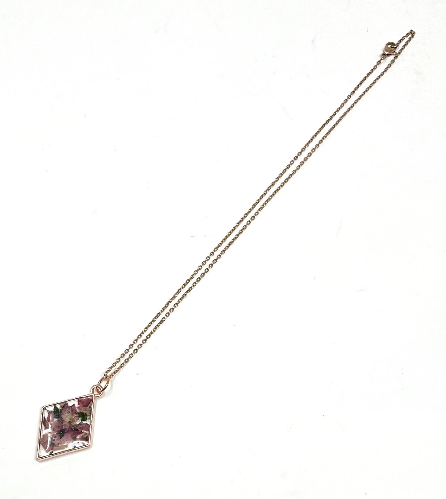 Diamond Shaped Necklace with pressed Rose Petals