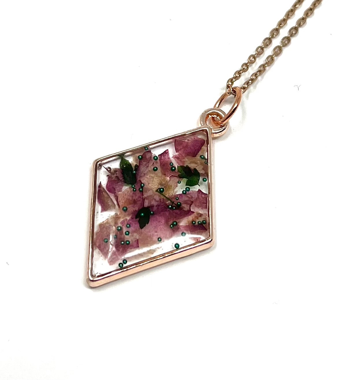 Diamond Shaped Necklace with pressed Rose Petals