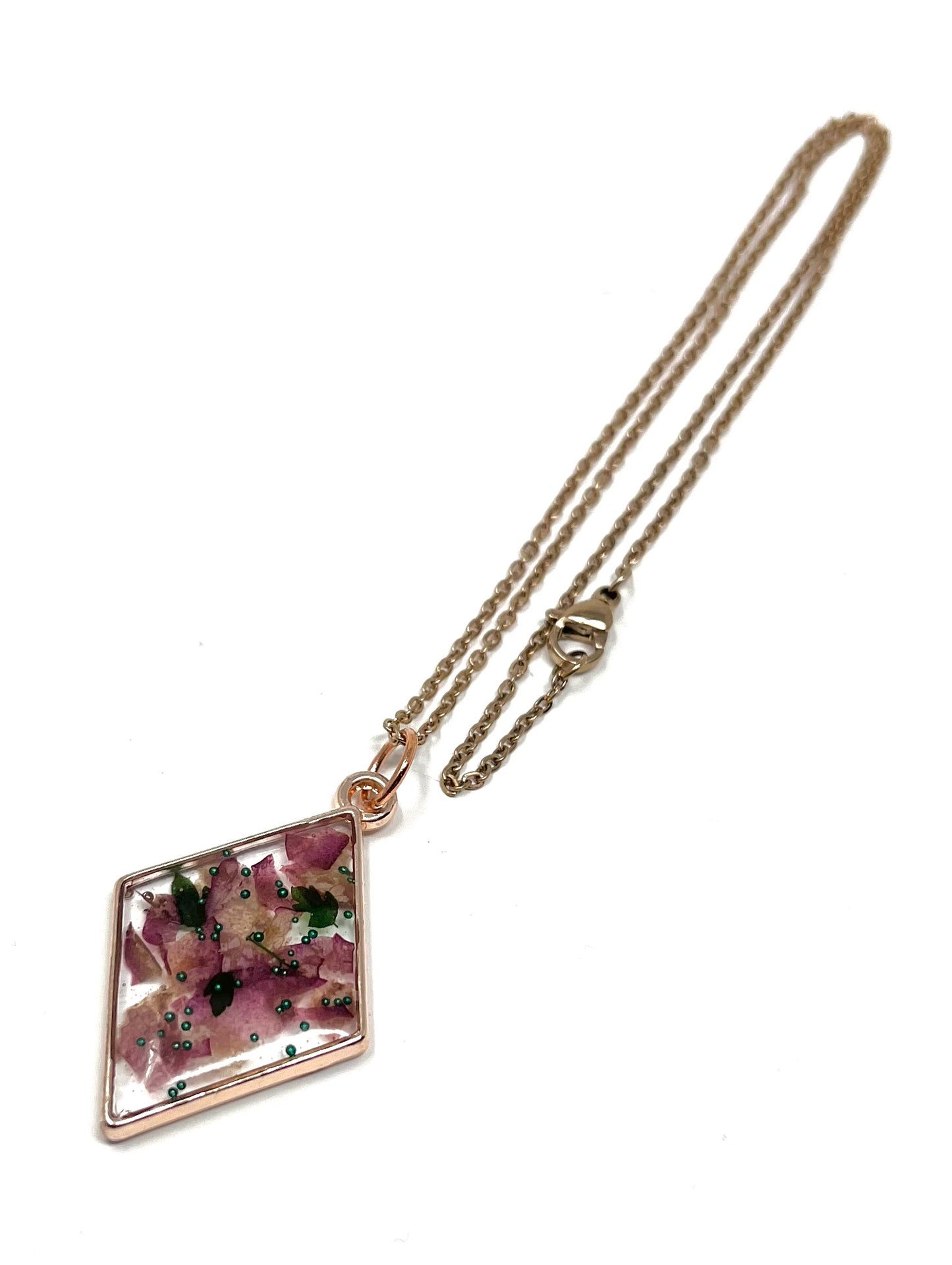 Diamond Shaped Necklace with pressed Rose Petals