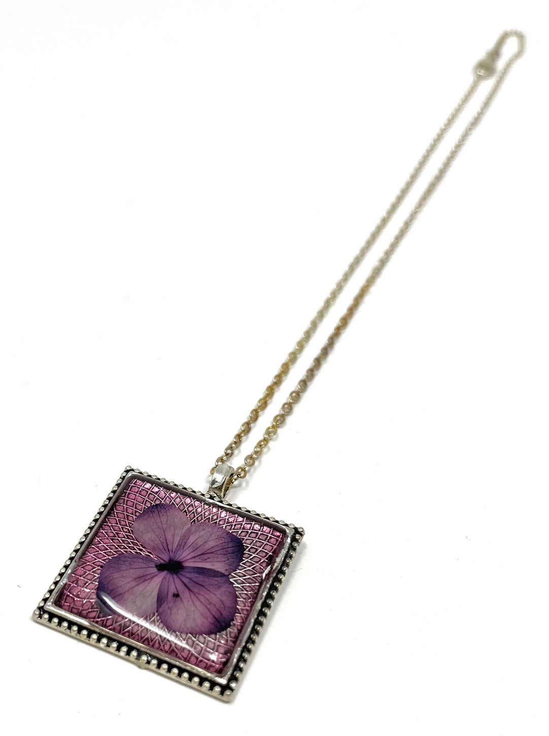 A Hand Pressed Hydrangea Square Necklace
