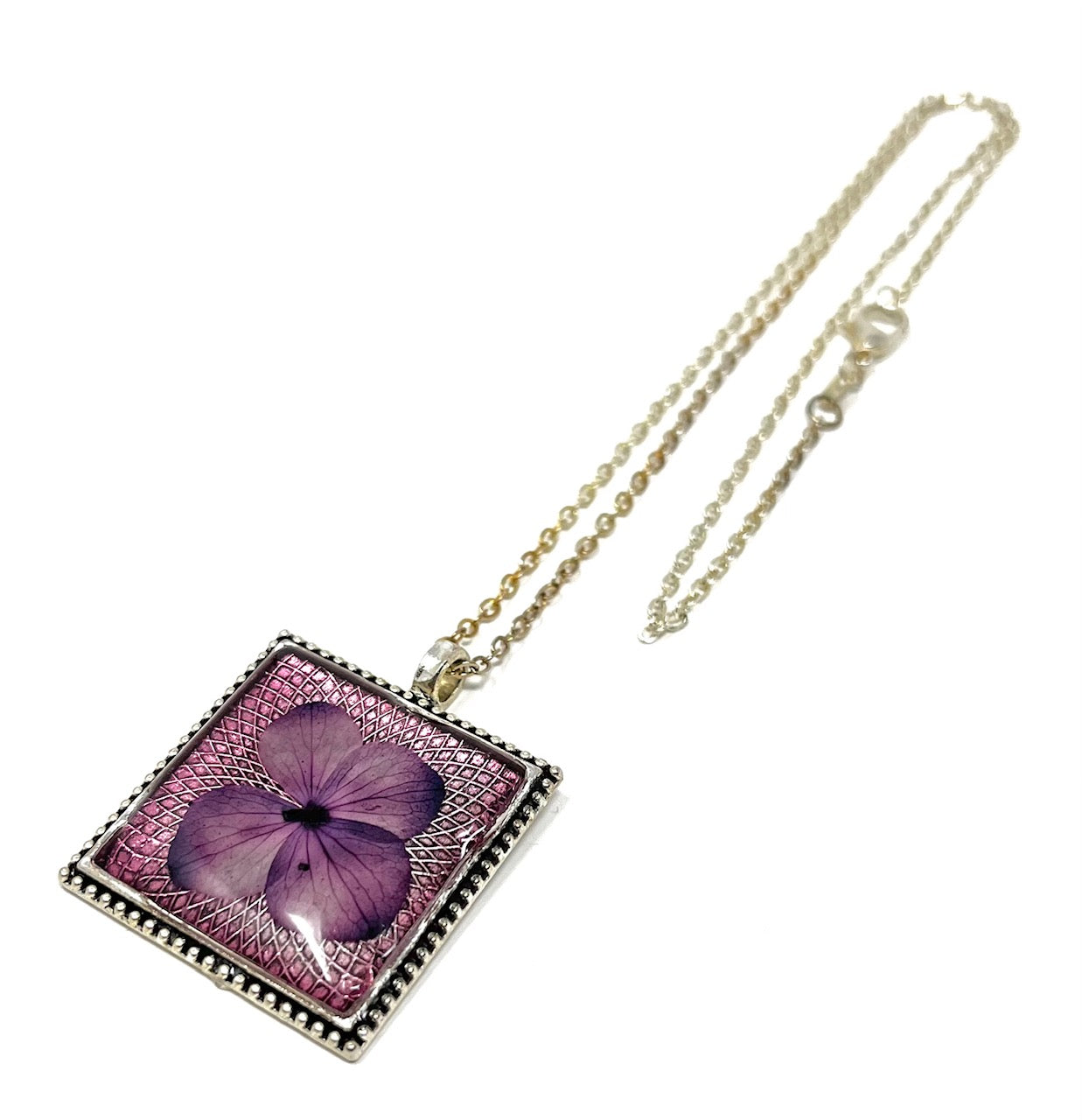 A Hand Pressed Hydrangea Square Necklace