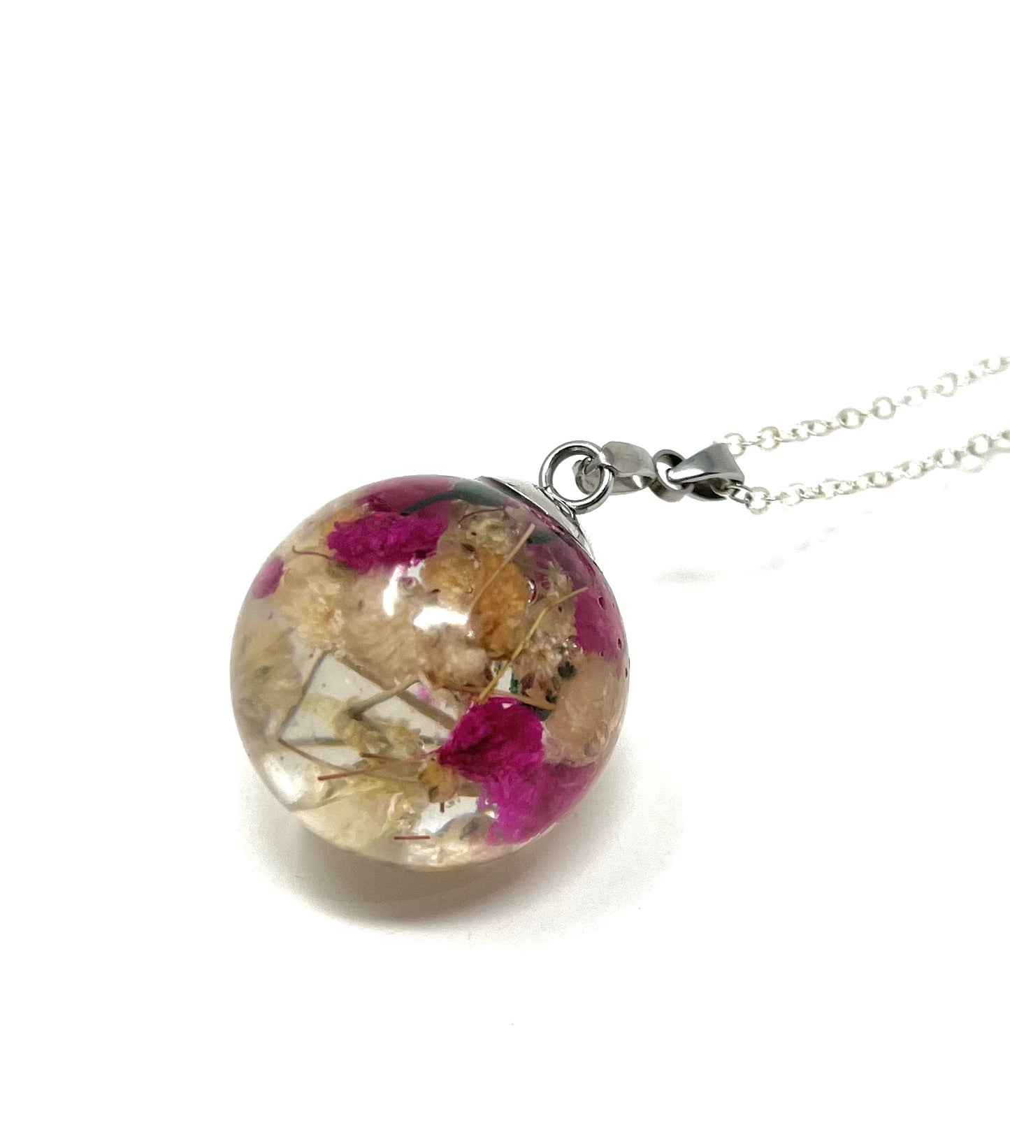 Sphere shaped Necklace with pressed micro flowers