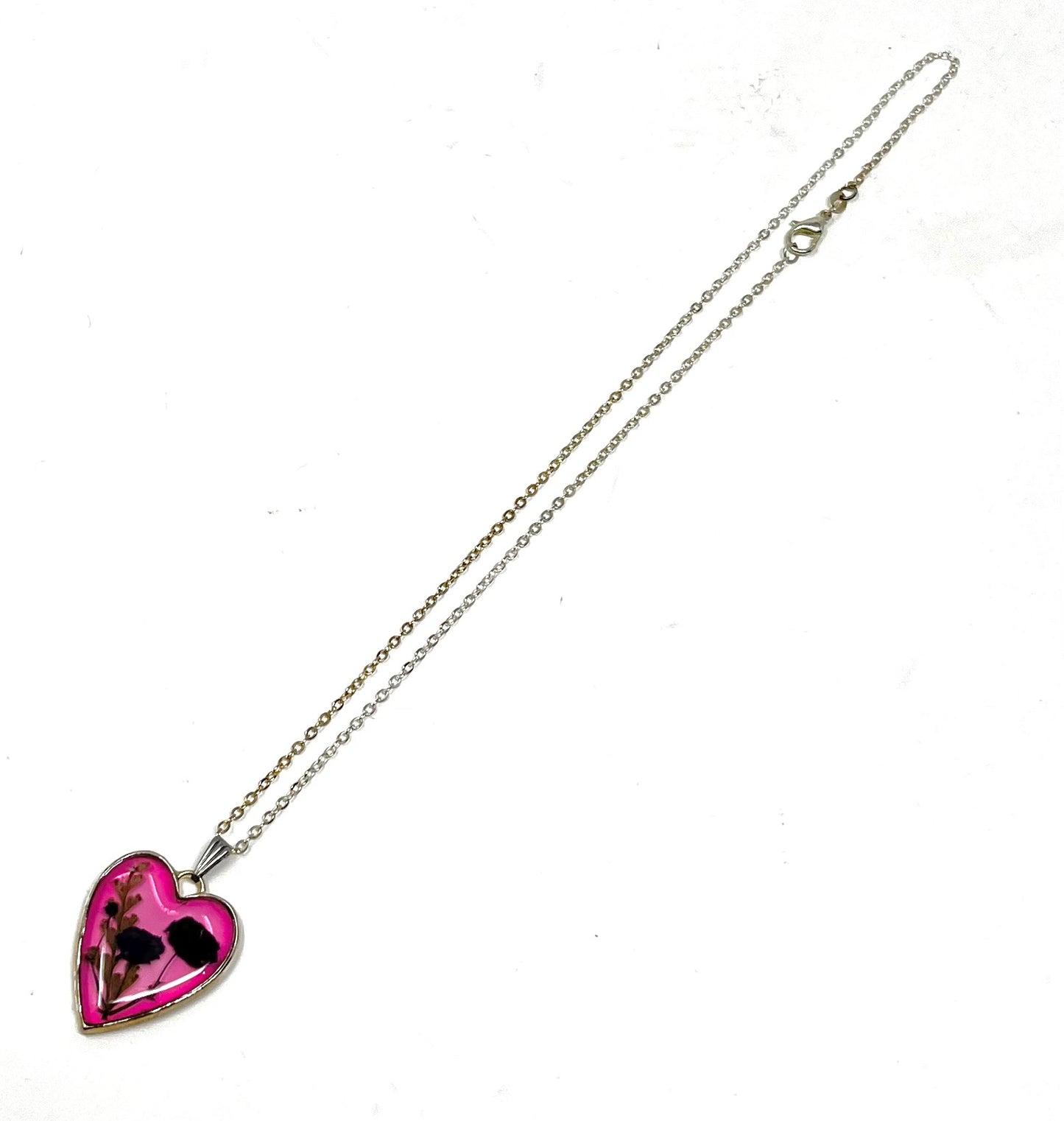 Pink Heart shaped Necklace with pressed micro flowers
