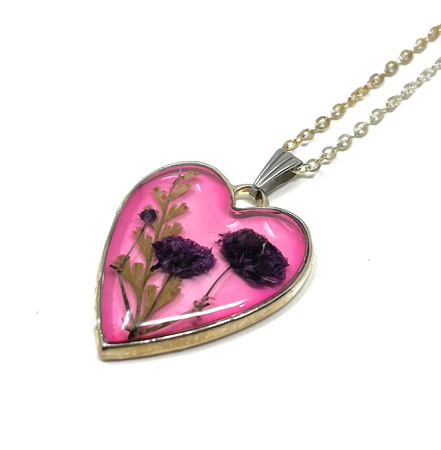Pink Heart shaped Necklace with pressed micro flowers
