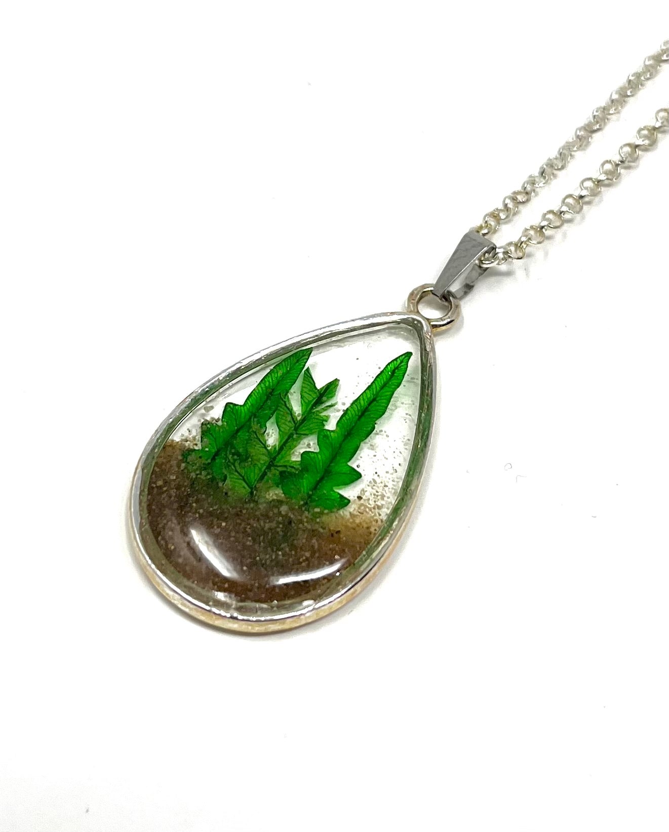 Teardrop Shaped Necklace with Hand Pressed Fern Fronds