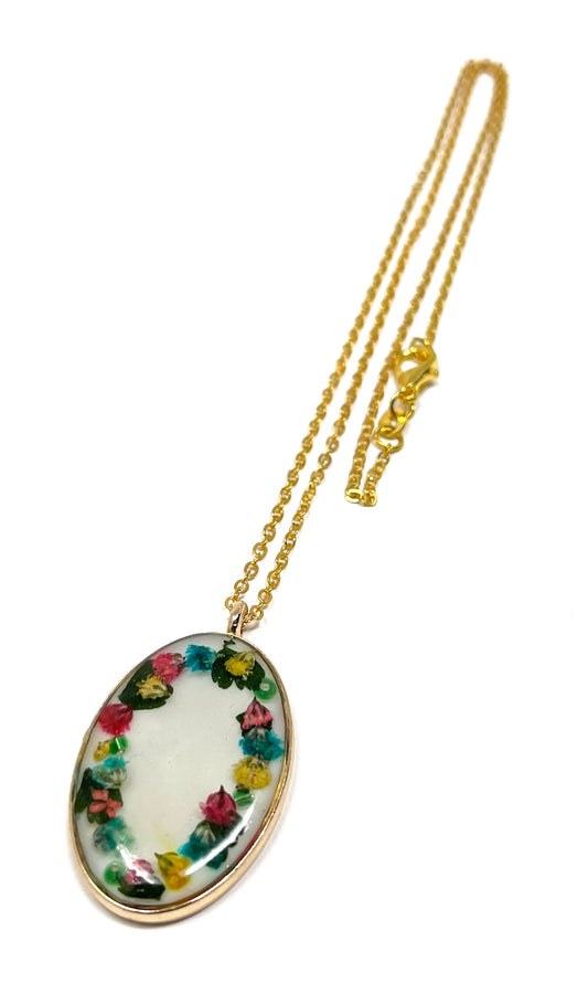 Oval pendant Necklace with Hand Pressed flowers