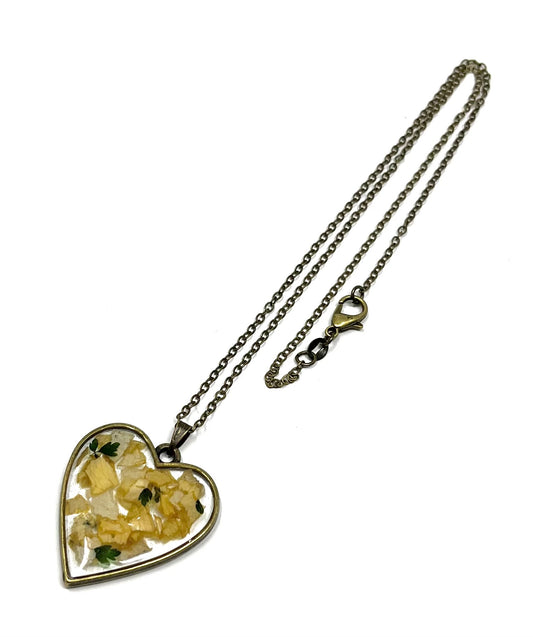 Pressed Rose Petals Heart Shaped Bronze Necklace