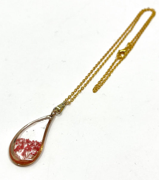 Teardrop Necklace with Red Hand Pressed Micro Flowers