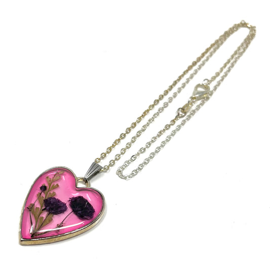 Pink Heart shaped Necklace with pressed micro flowers