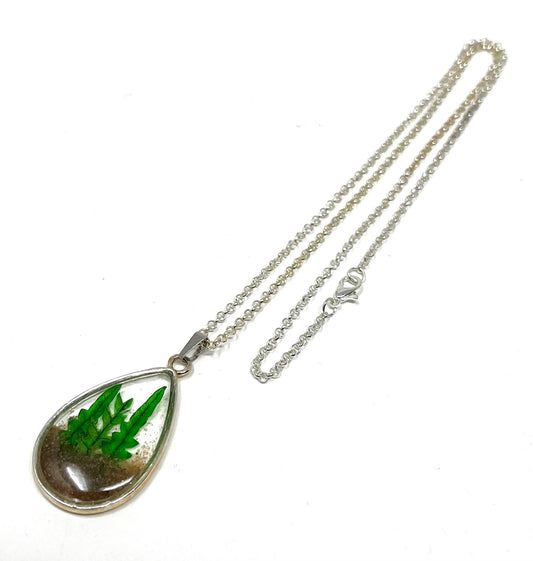 Teardrop Shaped Necklace with Hand Pressed Fern Fronds